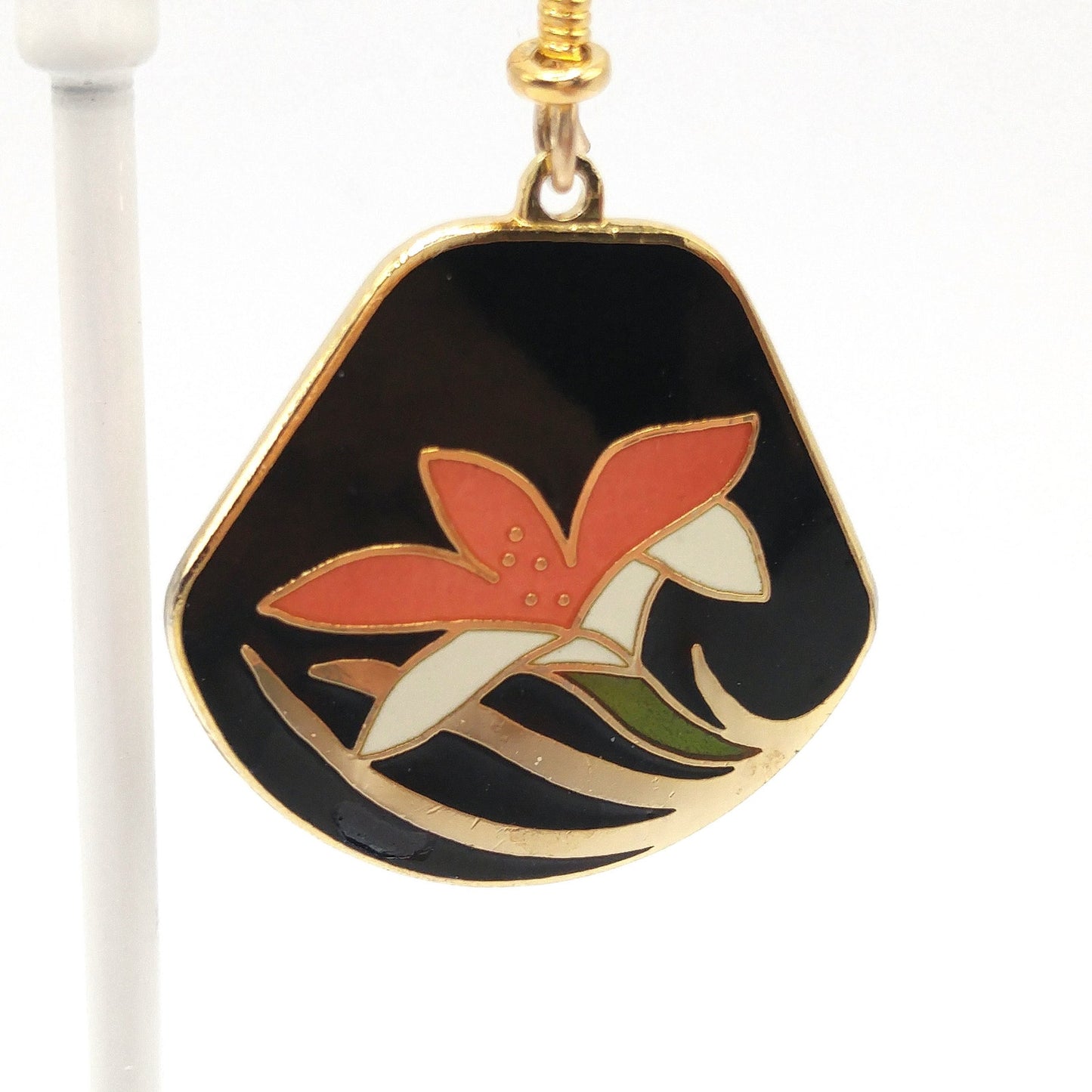 Vintage Laurel Burch Orange Lily Earrings, Cloisonne Enamel, Gold Plated, 1980s