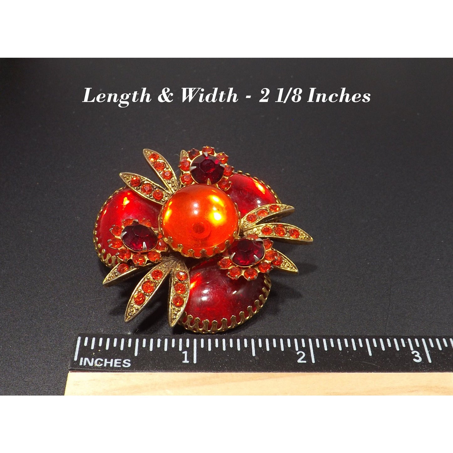 Red Rhinestone Orange Cabs Designer Brooch, Dog Tooth Cabochons, 1960s Vintage Jewelry