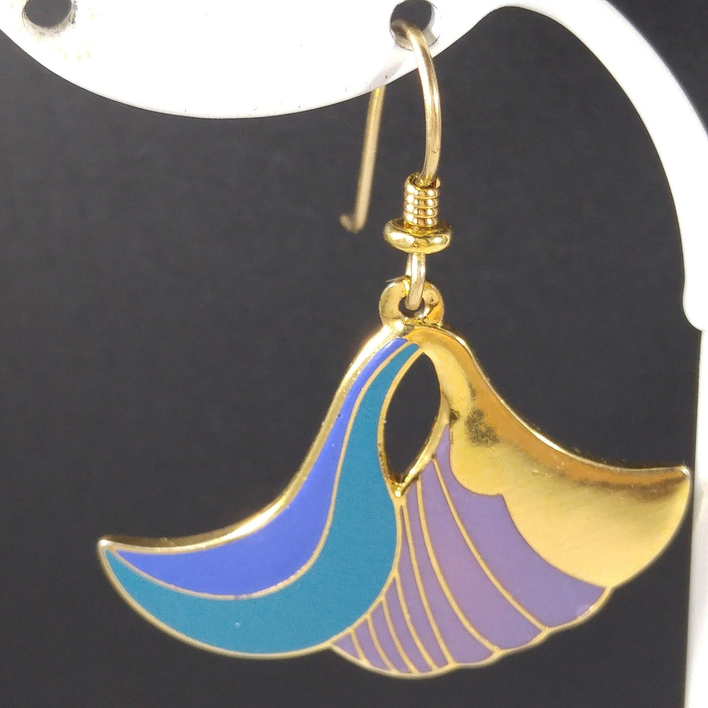 Laurel Burch "Egyptian Flower" Dangle Earrings, Gold Plated Cloisonne, Enamel Teal Purple, 1980s Vintage Jewelry