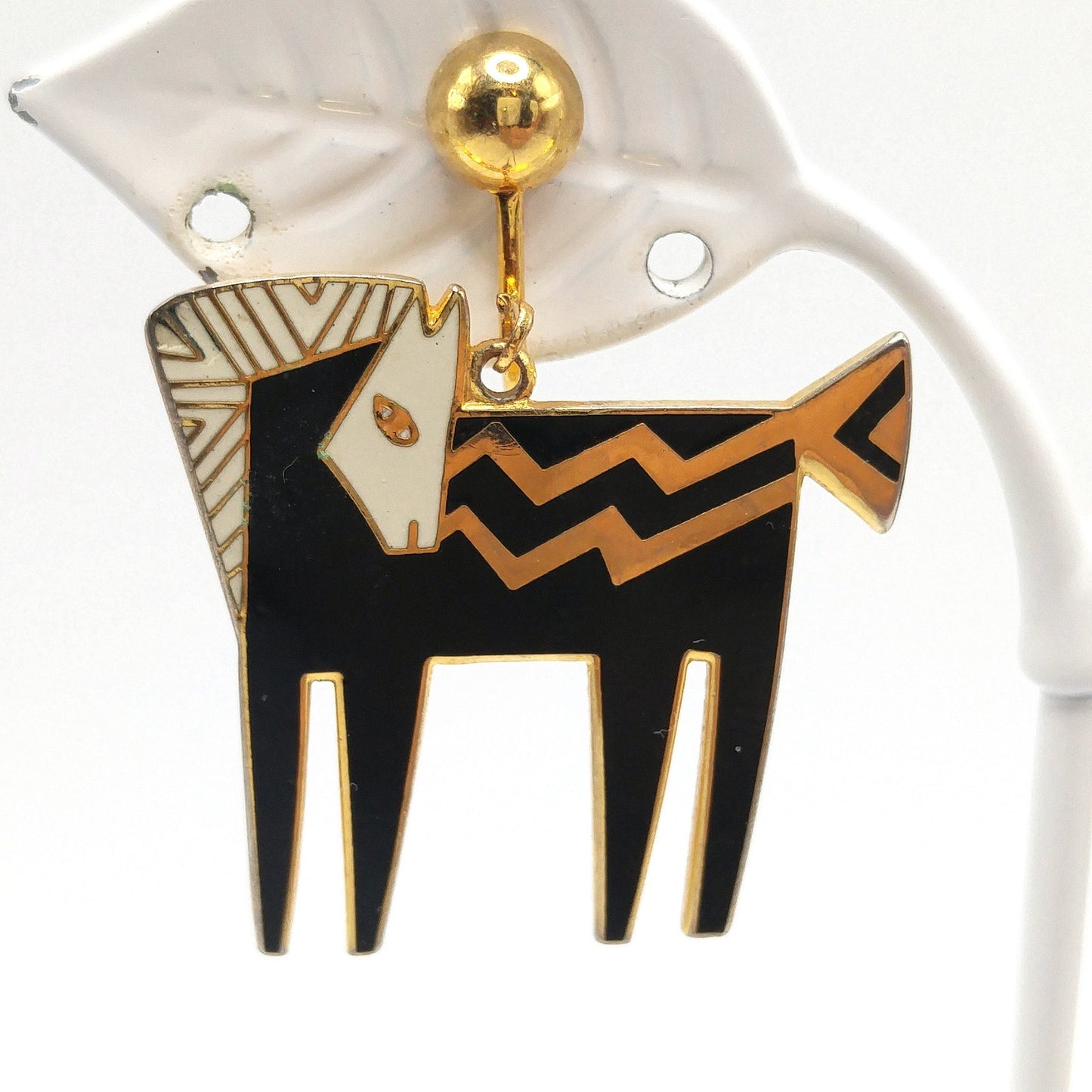 Laurel Burch "Temple Horse" Clip Earrings, Black White Enamel, Gold Plated, 1980s Vintage Jewelry