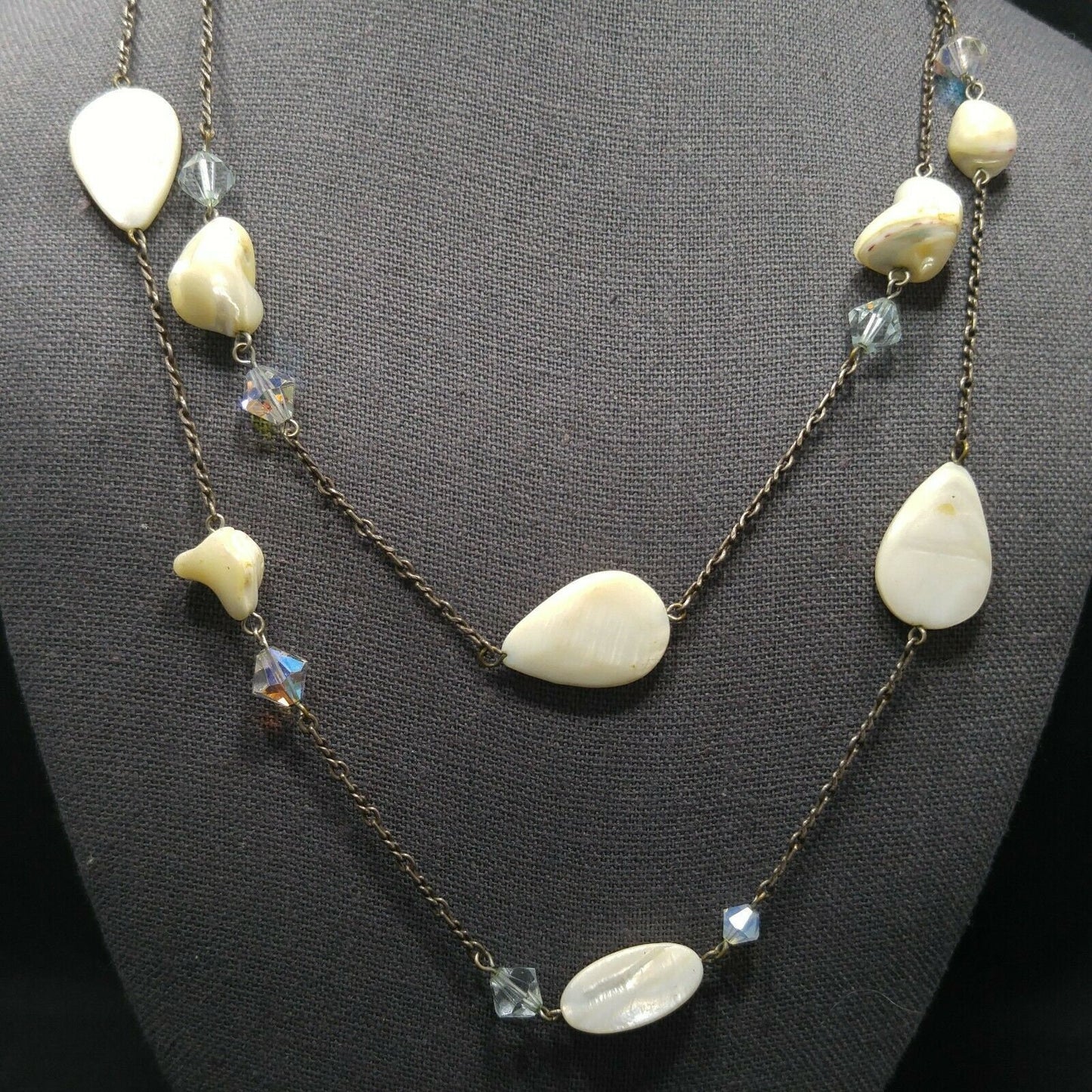 Liz Palacios S.F. White Shell & Crystal Long Necklace, 42 Inch Layering Necklace, Vintage Jewelry