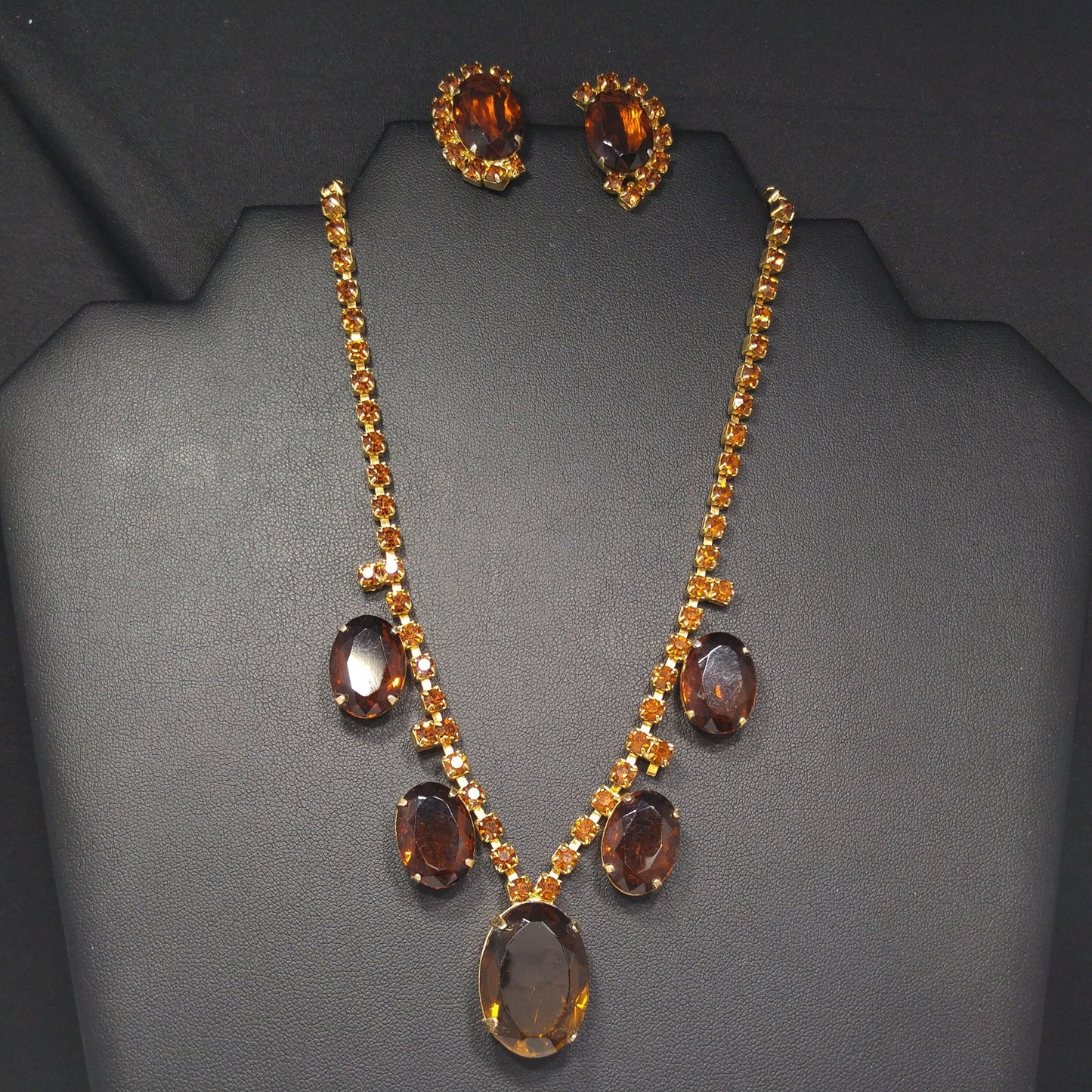 Vintage Topaz Rhinestone Necklace & Earrings, Large Faceted Rhinestones, 1960s Vintage Jewelry