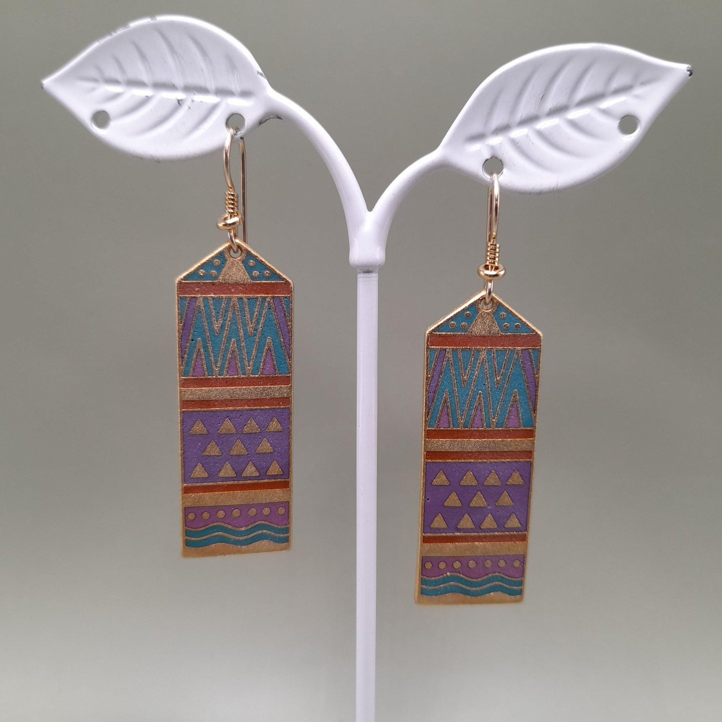 Vintage Laurel Burch "Umbla" Geometric Earrings, 2 3/8 Inch, Gold Plated, 1980s