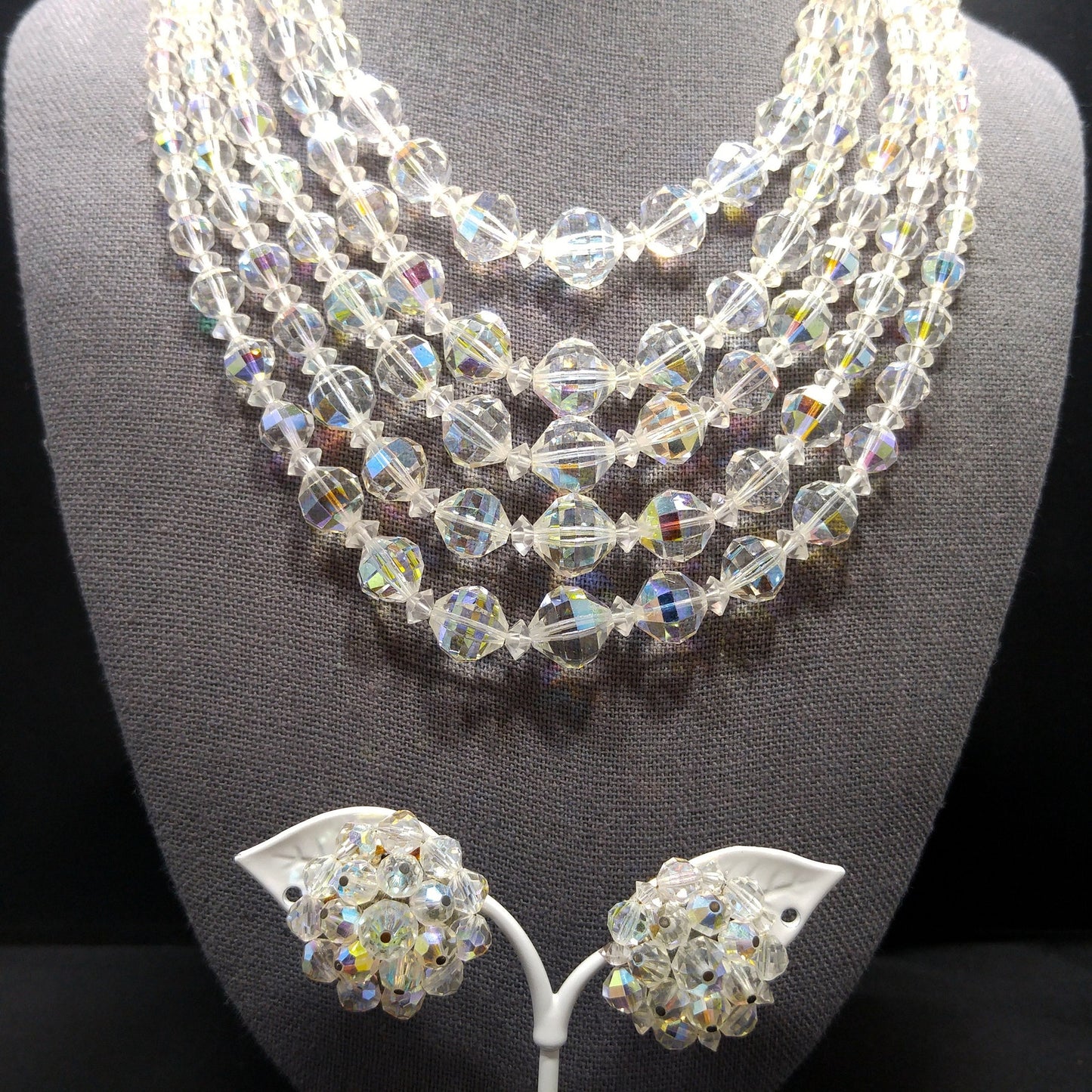 Laguna AB Crystal Beaded Necklace, Five Strands, Aurora Borealis Beads, 1950s