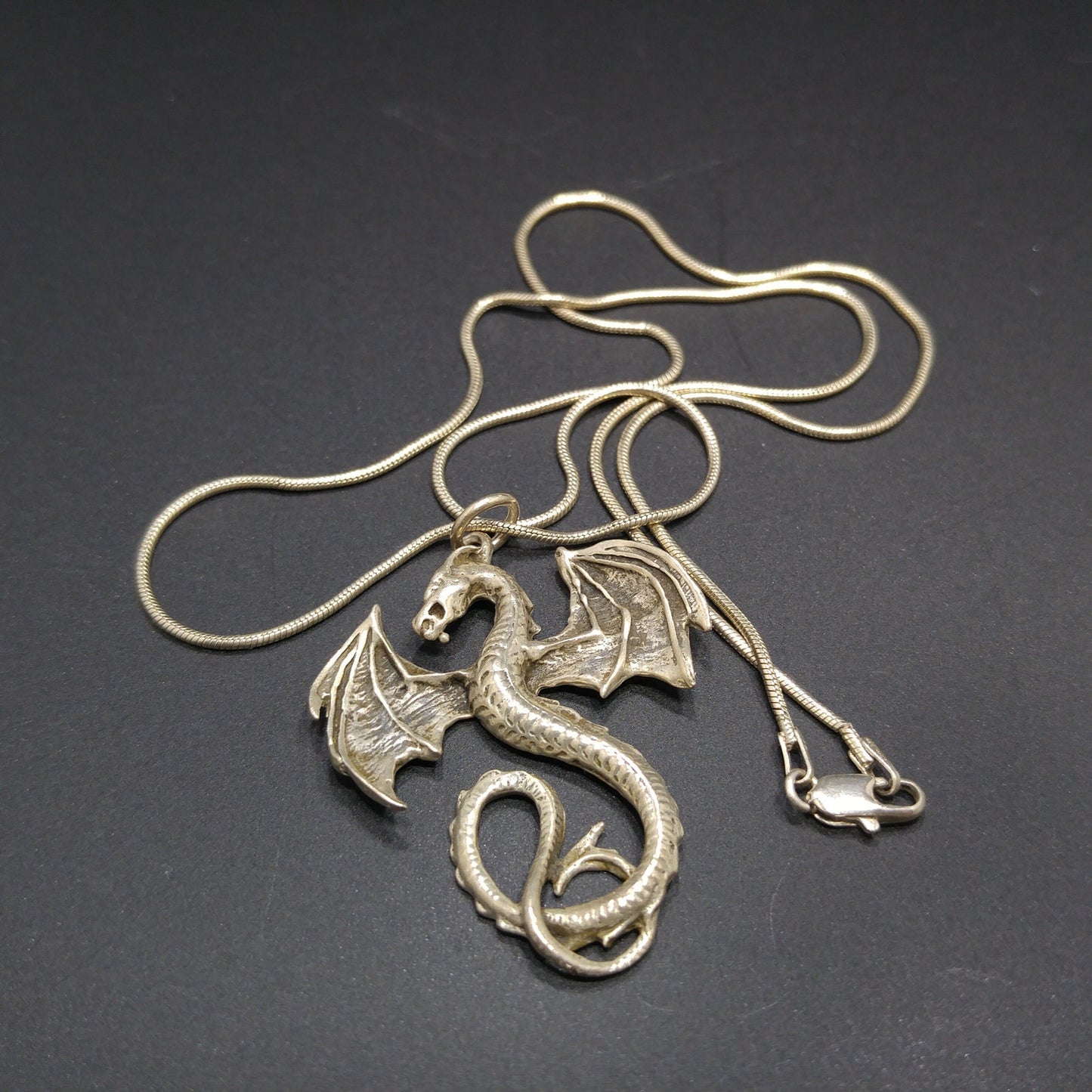 Silver Dragon Pendant Necklace, 925 Italy Snake Chain, 1970s Vintage Jewelry