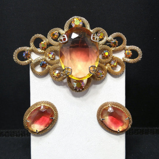 Vintage Gold Pink Large Glass Brooch Earrings Set, Gold Plated, 1960s Vintage Jewelry