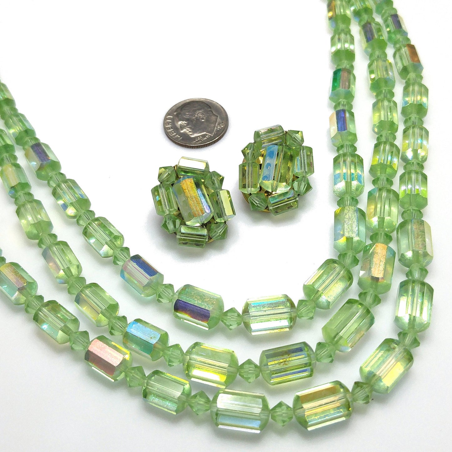 Green AB Barrel Crystal Necklace & Earrings, Austrian Crystal Beads, 1960s Vintage Jewelry