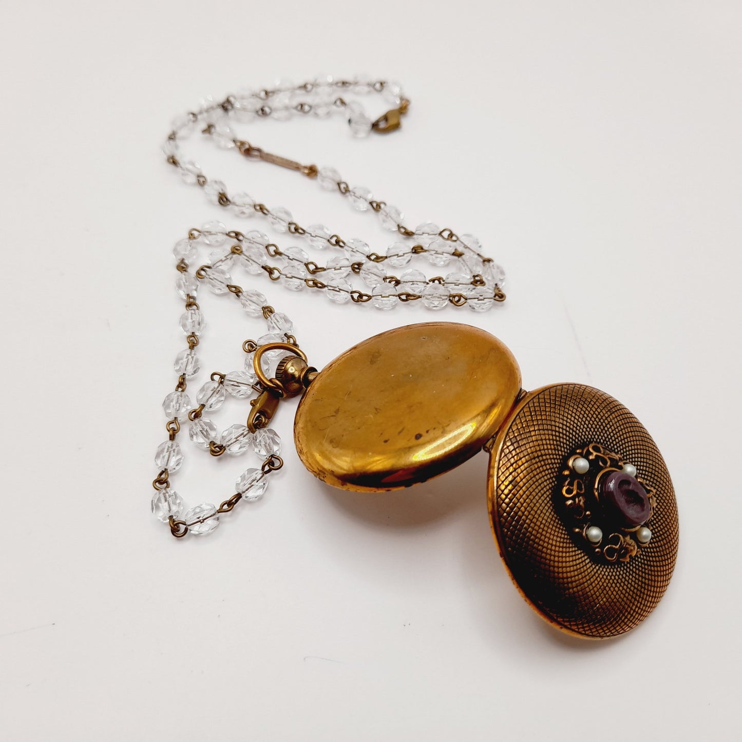 Vintage Extasia Intaglio Pocket Watch Style Locket Clear Bead Necklace, 28 Inches