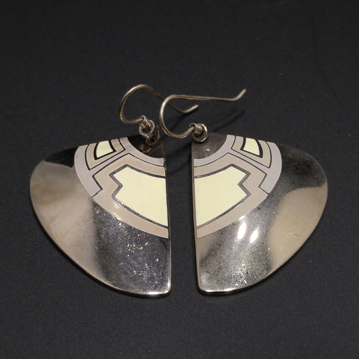 Vintage Laurel Burch Fan Earrings, Rhodium Plated, White Purple Grey Enamel