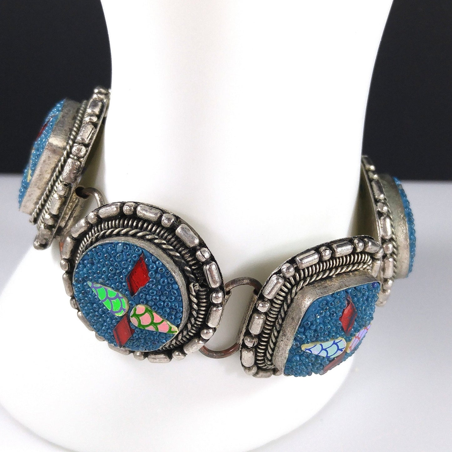 Art Crafted Five Linked Bracelet, Silver Tone, Iridescent Design, 1960s Vintage Jewelry