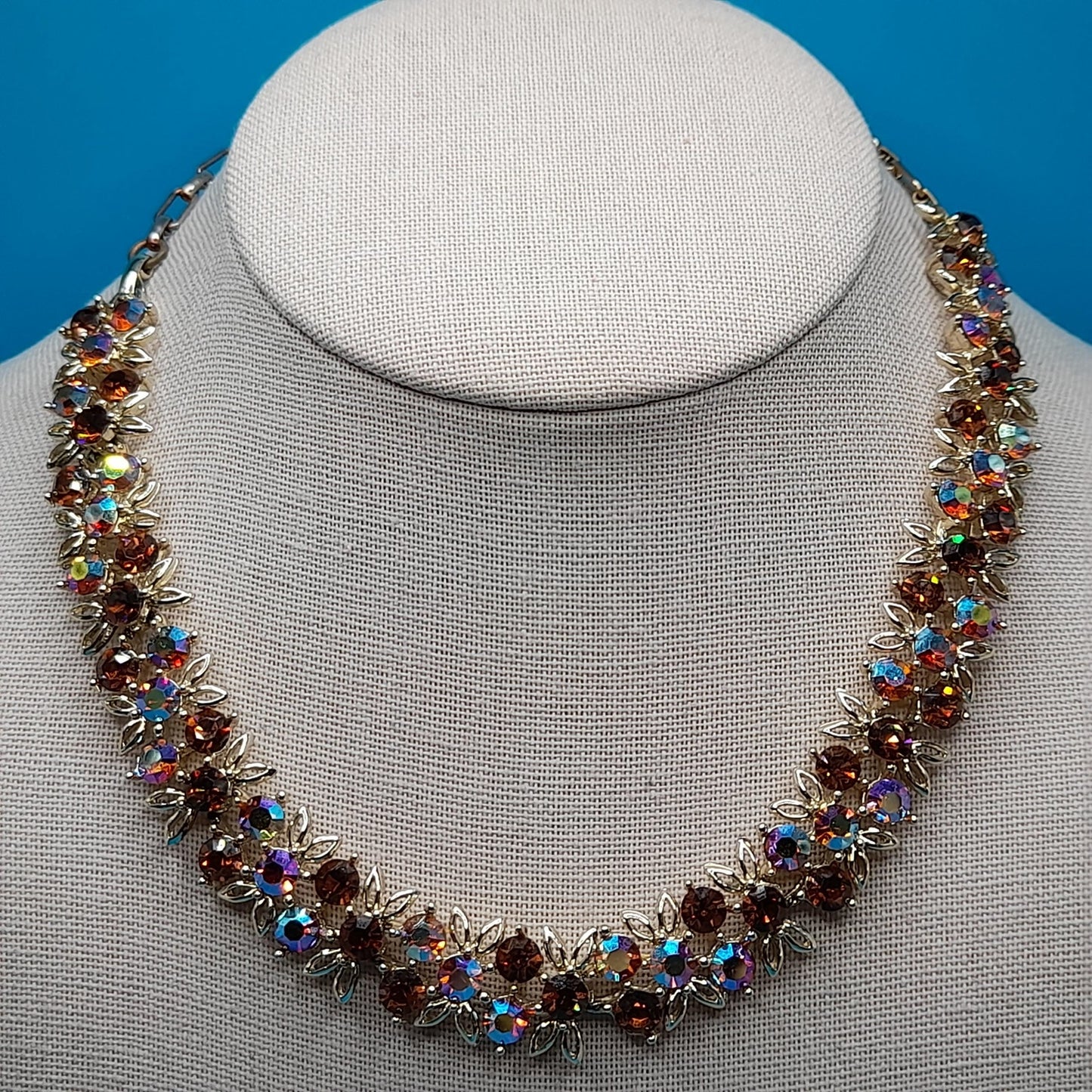 Vintage Topaz Aurora Borealis Choker Necklace, Gold Tone, 1960s, 16"