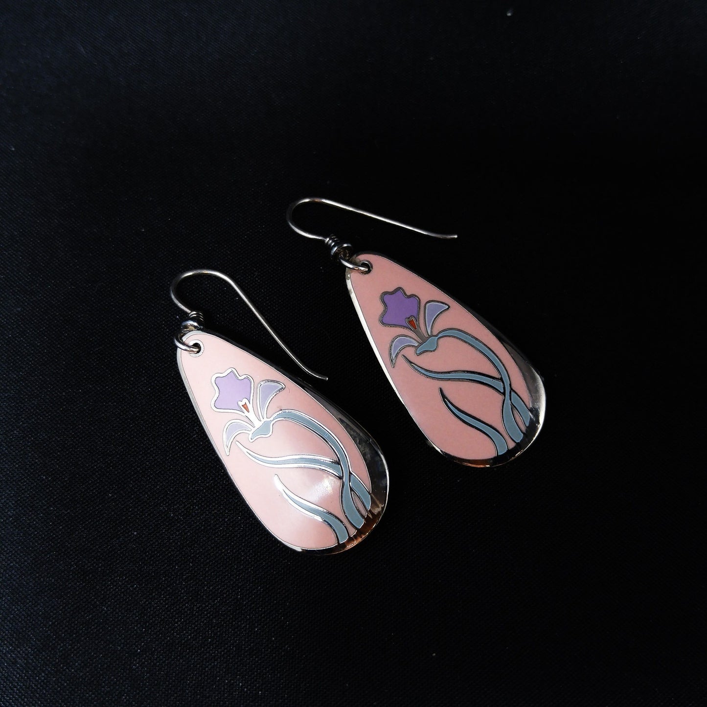 Laurel Burch "Wild Iris" Pink Enamel Earrings, Silver Tone, Gold Plated, 1980s