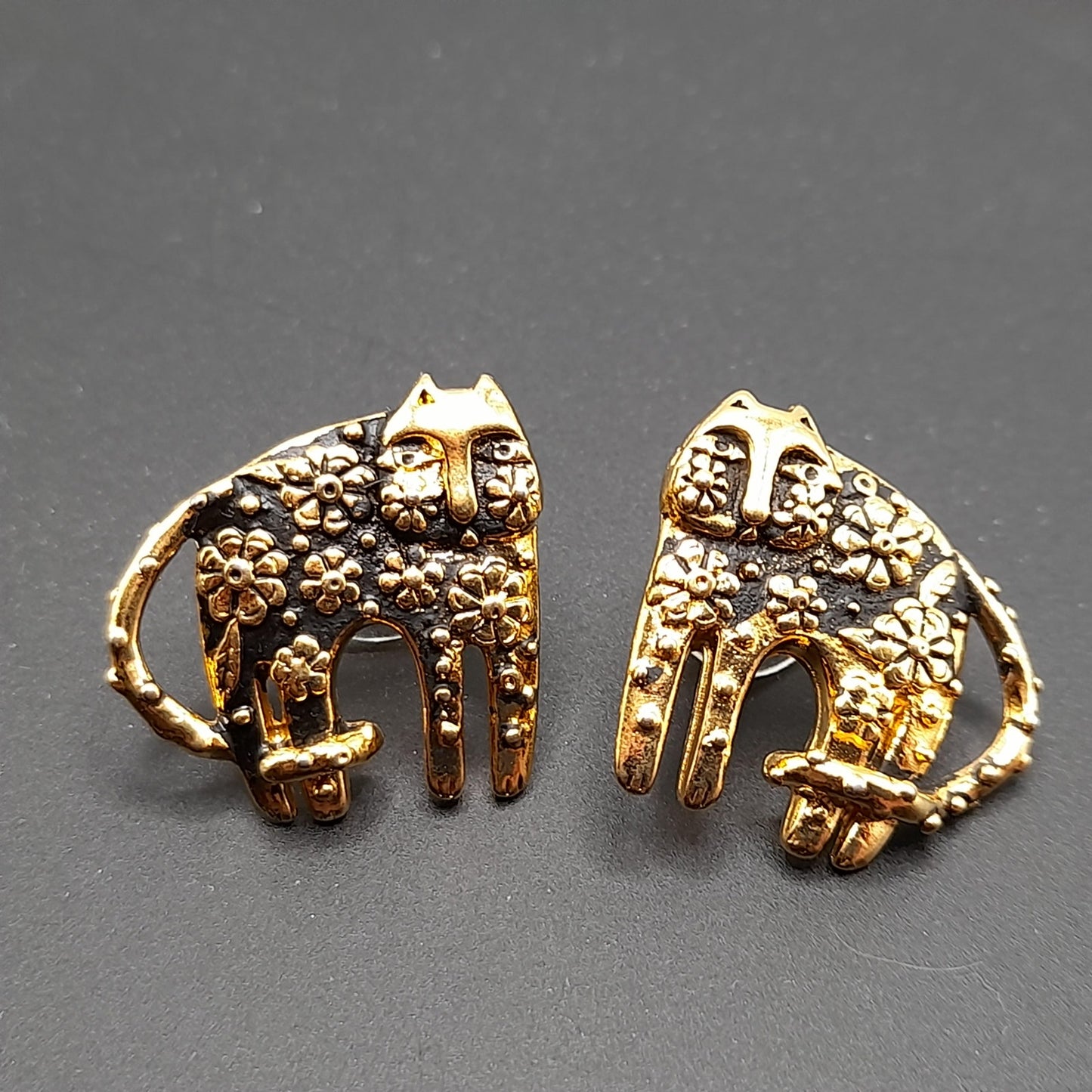 Laurel Burch Flower Cat Brooch Earrings Set, Gold Plated, Black Enamel, 1993 Vintage Jewelry