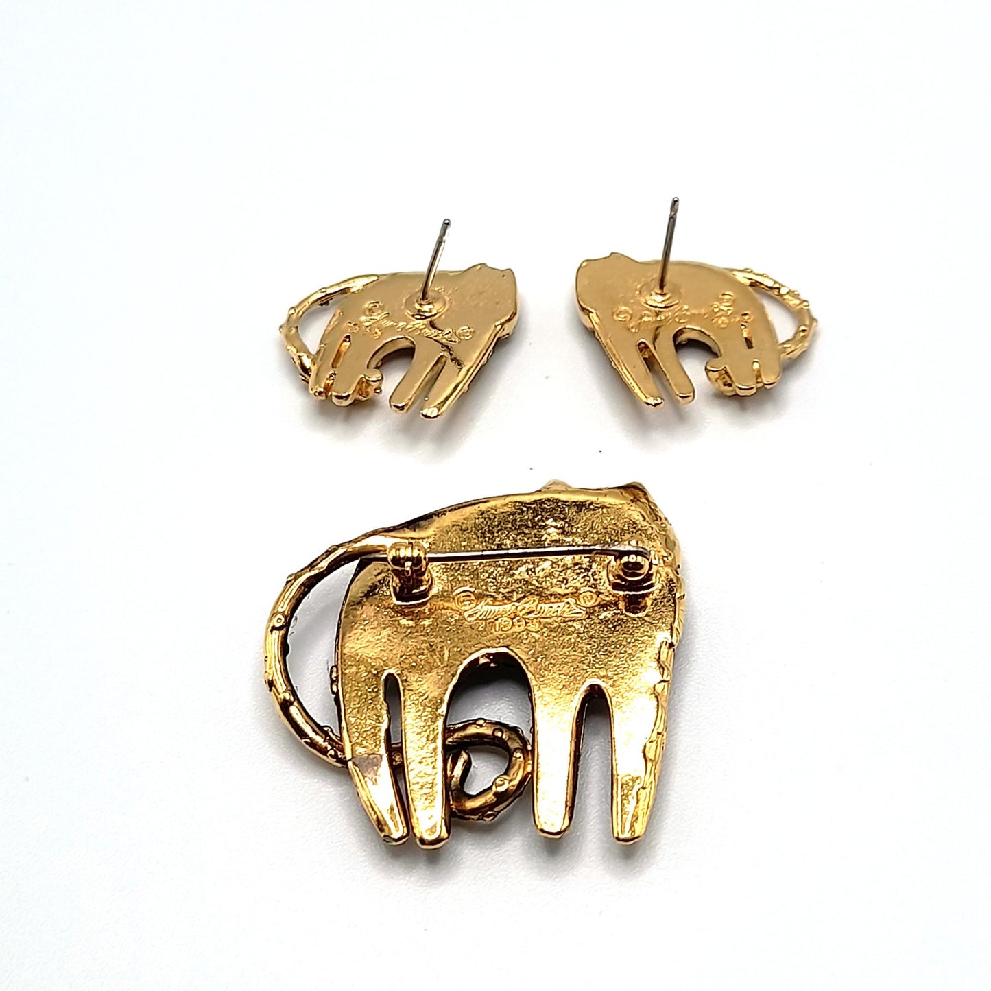 Laurel Burch Flower Cat Brooch Earrings Set, Gold Plated, Black Enamel, 1993 Vintage Jewelry
