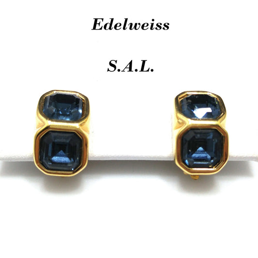 Edelweiss S.A.L. Swarovski Blue Clip Earrings, Gold Plated,  Vintage Jewelry