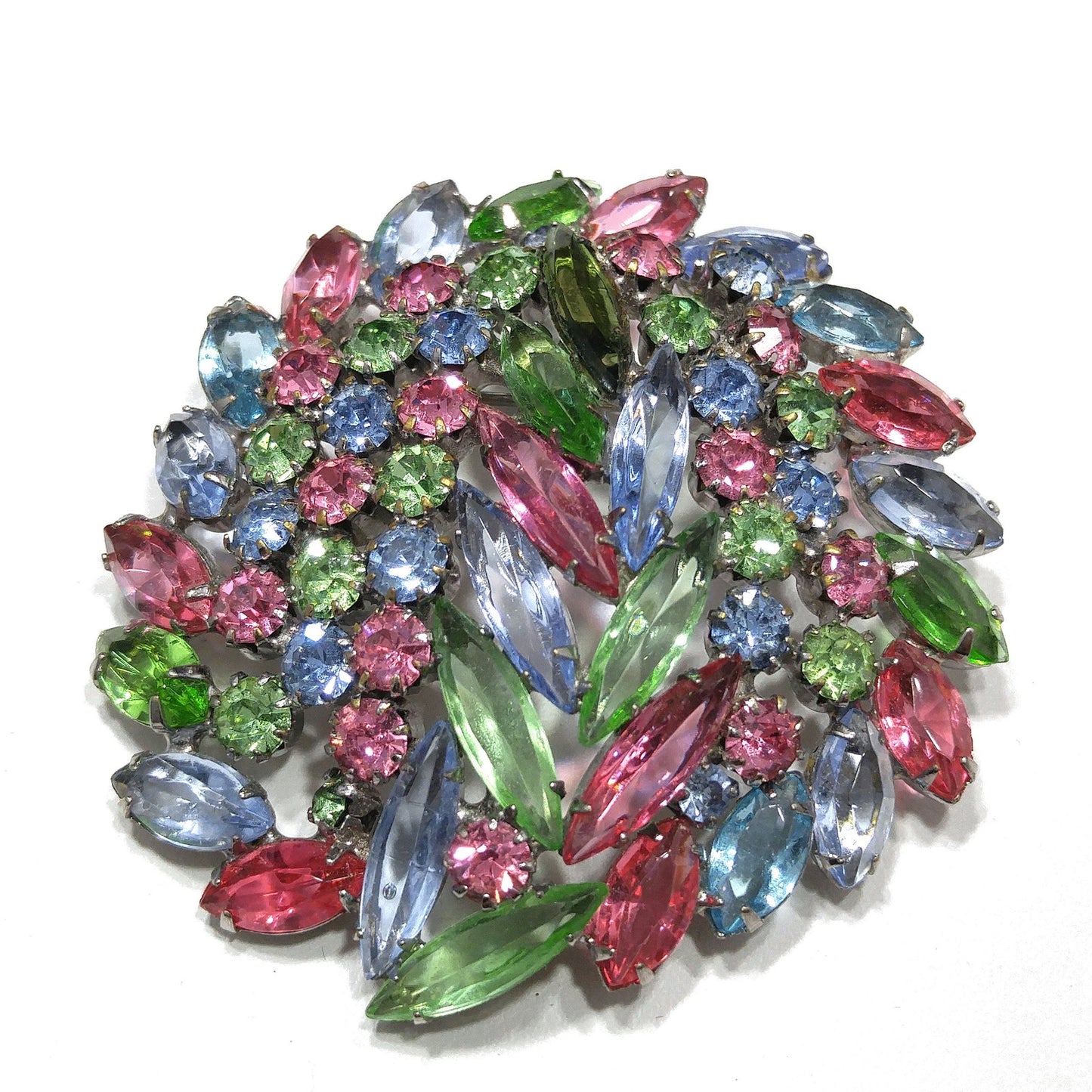 Pastel Rhinestone Floral Brooch, Rhodium Plated, Open Back Stones, 1960s Vintage Jewelry