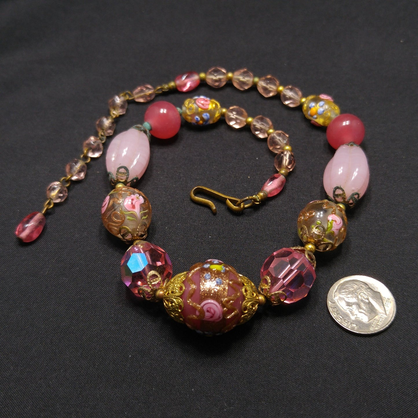 Wedding Cake Pink Choker Necklace, Crystal & Molded Beads, 1940s Vintage Jewelry