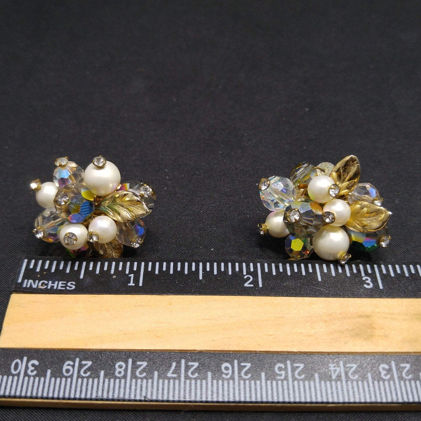 Vendome Floral Bead Crystal Clip Earrings, Faux Pearls, Vitrail Crystal, 1960s Vintage Jewelry