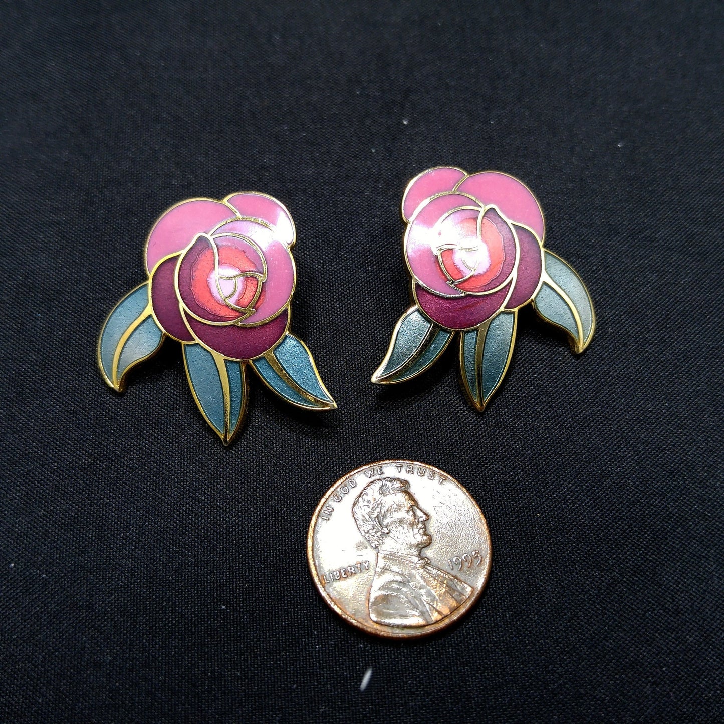 Laurel Burch "Deco Rose" Clip On Earrings, Pink Red Green Enamel, Gold Plated
