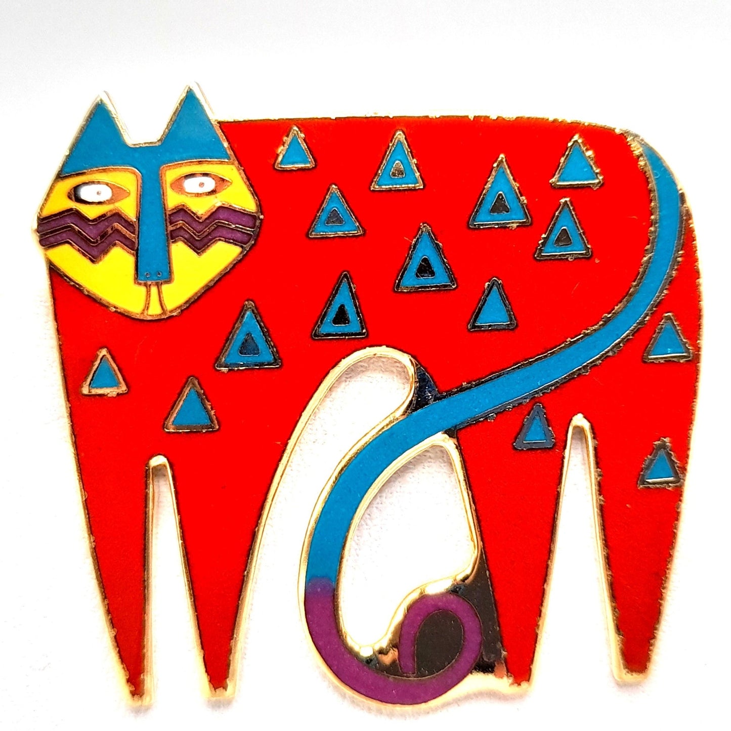 Laurel Burch "Miyo" Red Cat Brooch, Cloisonne Enamel, Gold Plated, 1980s Vintage Jewelry