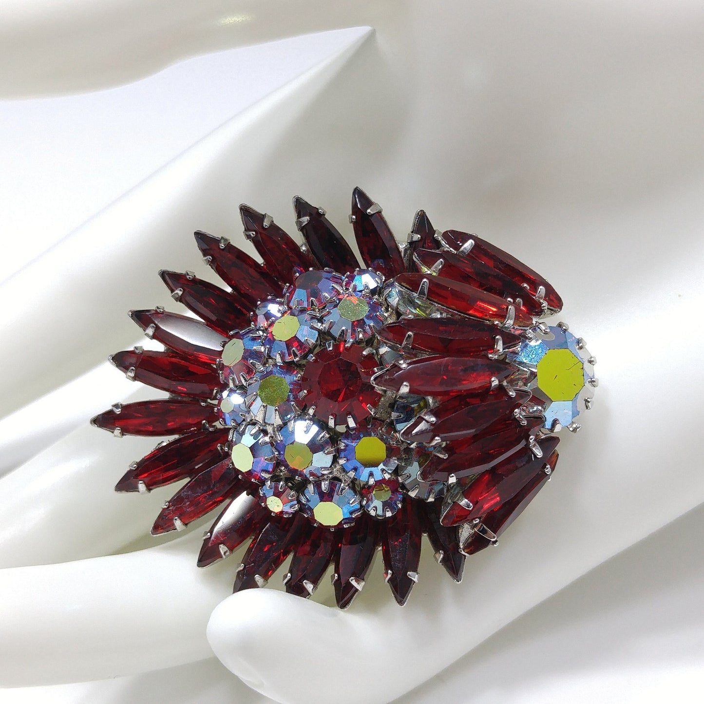 Ruby Red Rhinestone Navette Brooch, Unsigned Designer Beauty, Rhodium Plated, 1960s Vintage Jewelry