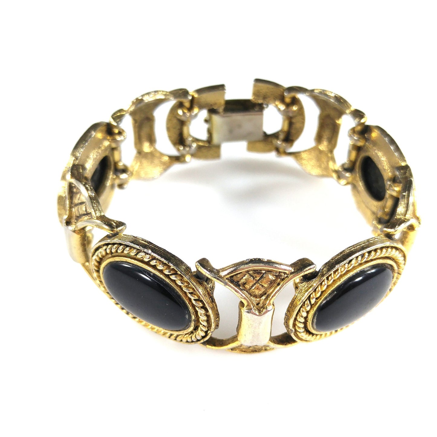 Mid-Century Black Glass Link Bracelet, Gold Plated, 1950s Vintage Jewelry