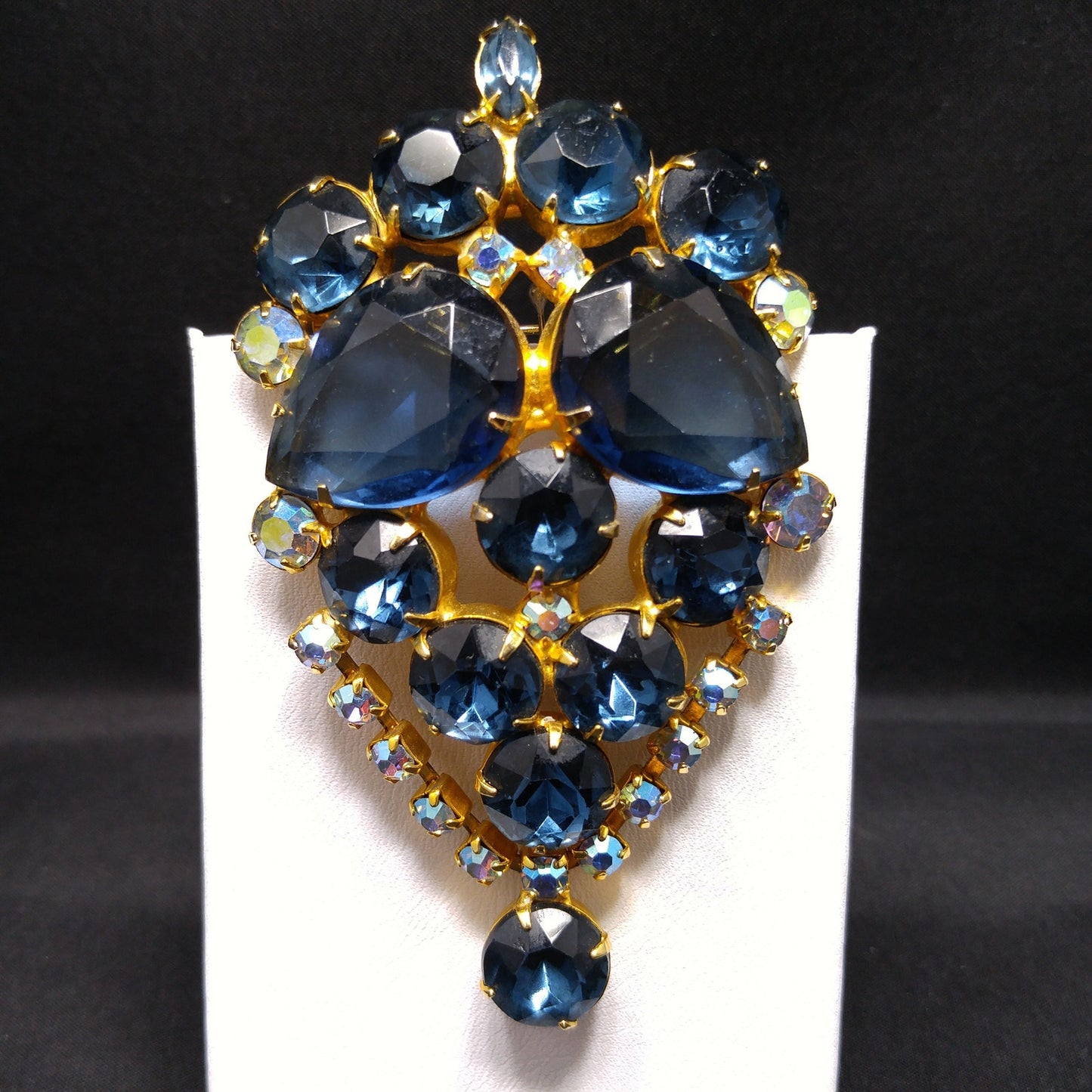 Large Blue Rhinestone Brooch & Pendant, Gold Plated, 1960s Vintage Jewelry
