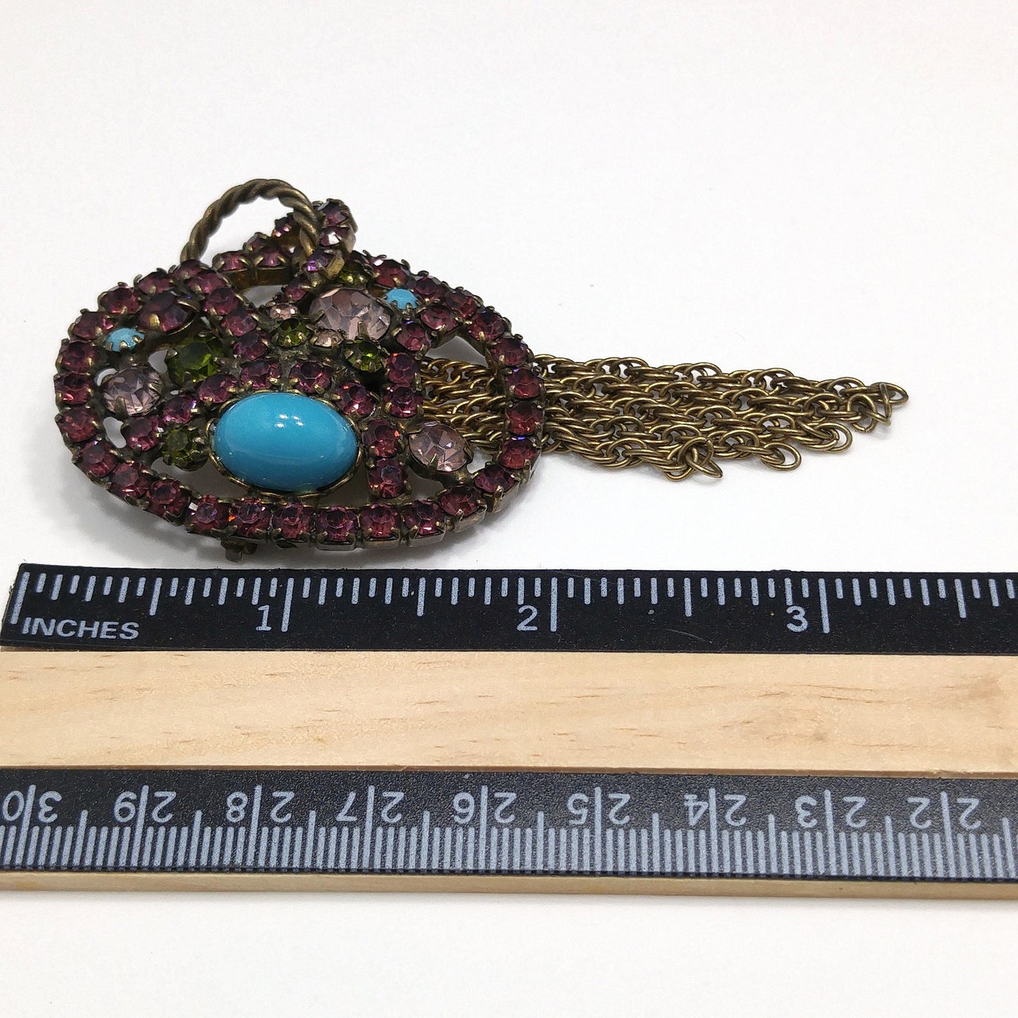 Vintage Purple Rhinestone Turquoise Cabochon Brooch, Antique Gold Tone Fringe Pin