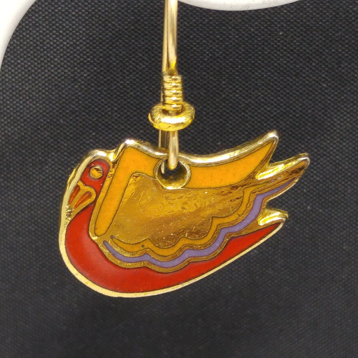 Laurel Burch "Wild Swan" Bird Earrings, Gold Plated, Enamel Cloisonne, 1980s