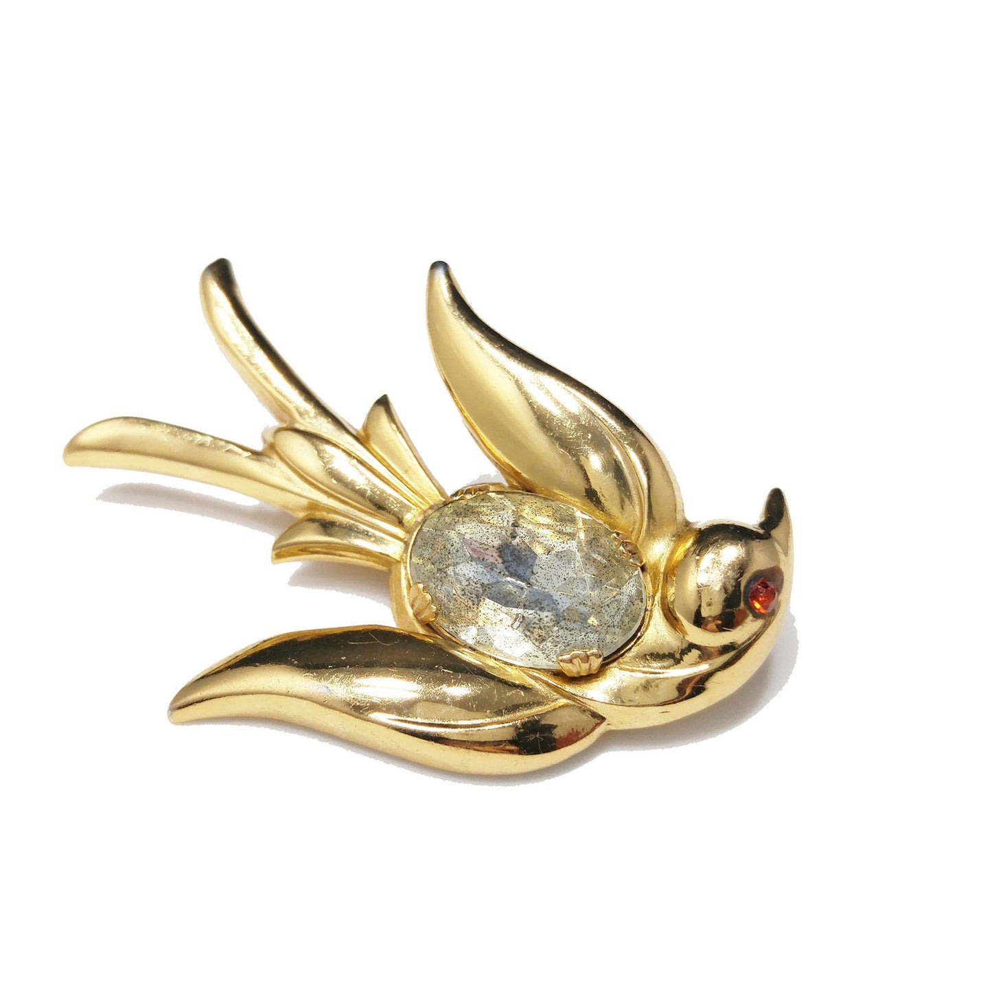 Coro Pegasus Bird Brooch, Clear Faceted Rhinestone Red Eye, 1940s Vintage Jewelry