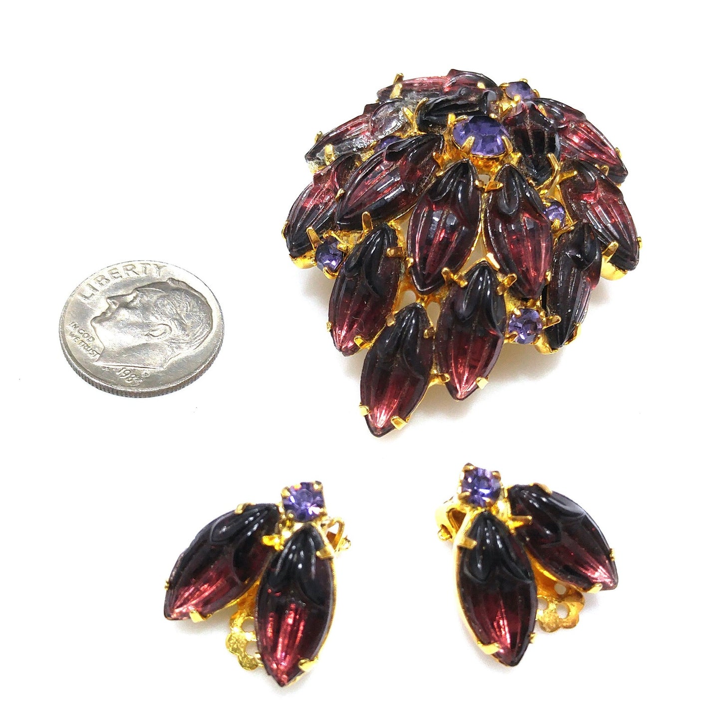 Purple Rhinestone Molded Art Glass Brooch & Earrings, Purple Rhinestones, Gold Plated, 1960s Vintage Jewelry