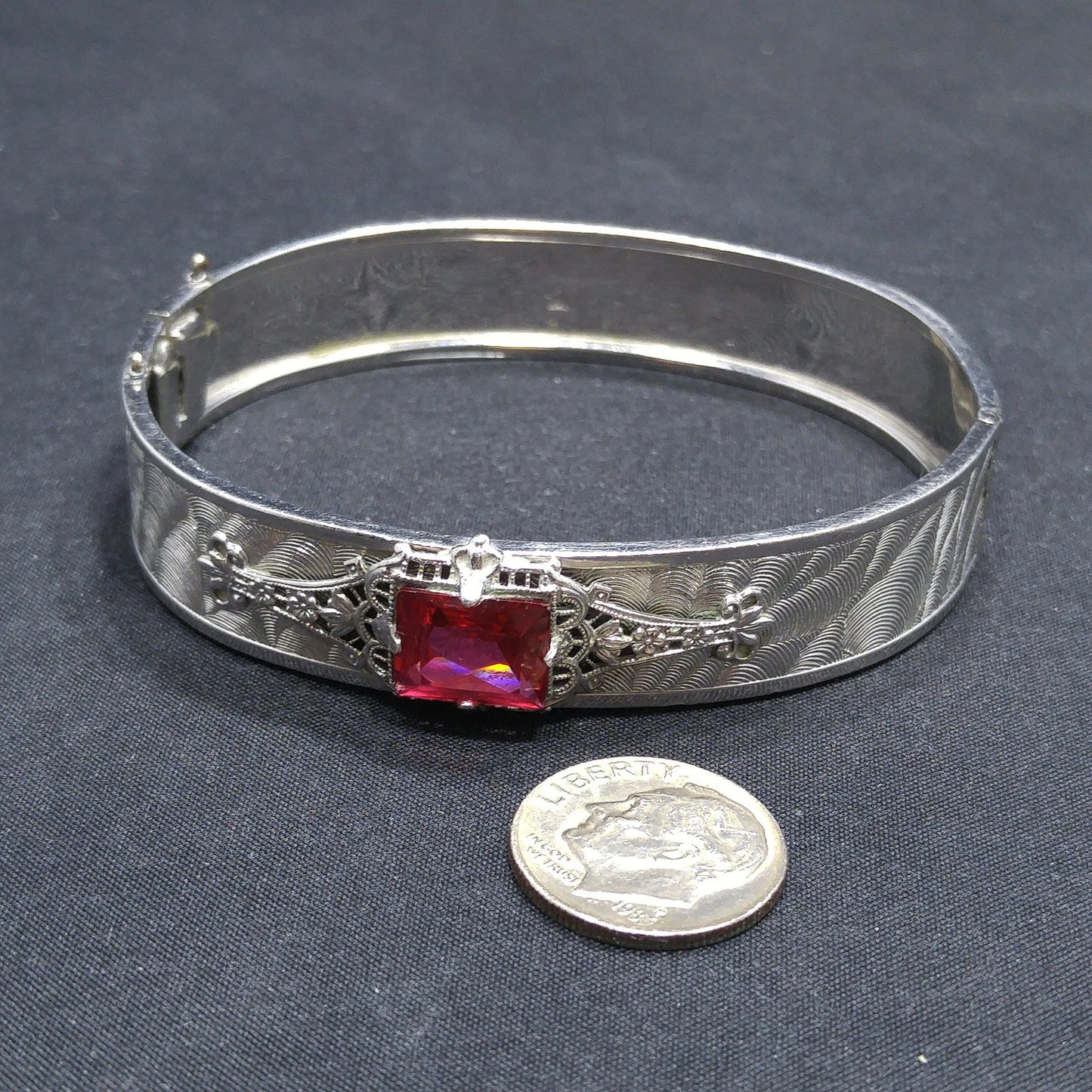 Emerald Cut Red Rhinestone Hinged Bracelet, Silver Tone, 1970s Vintage Jewelry