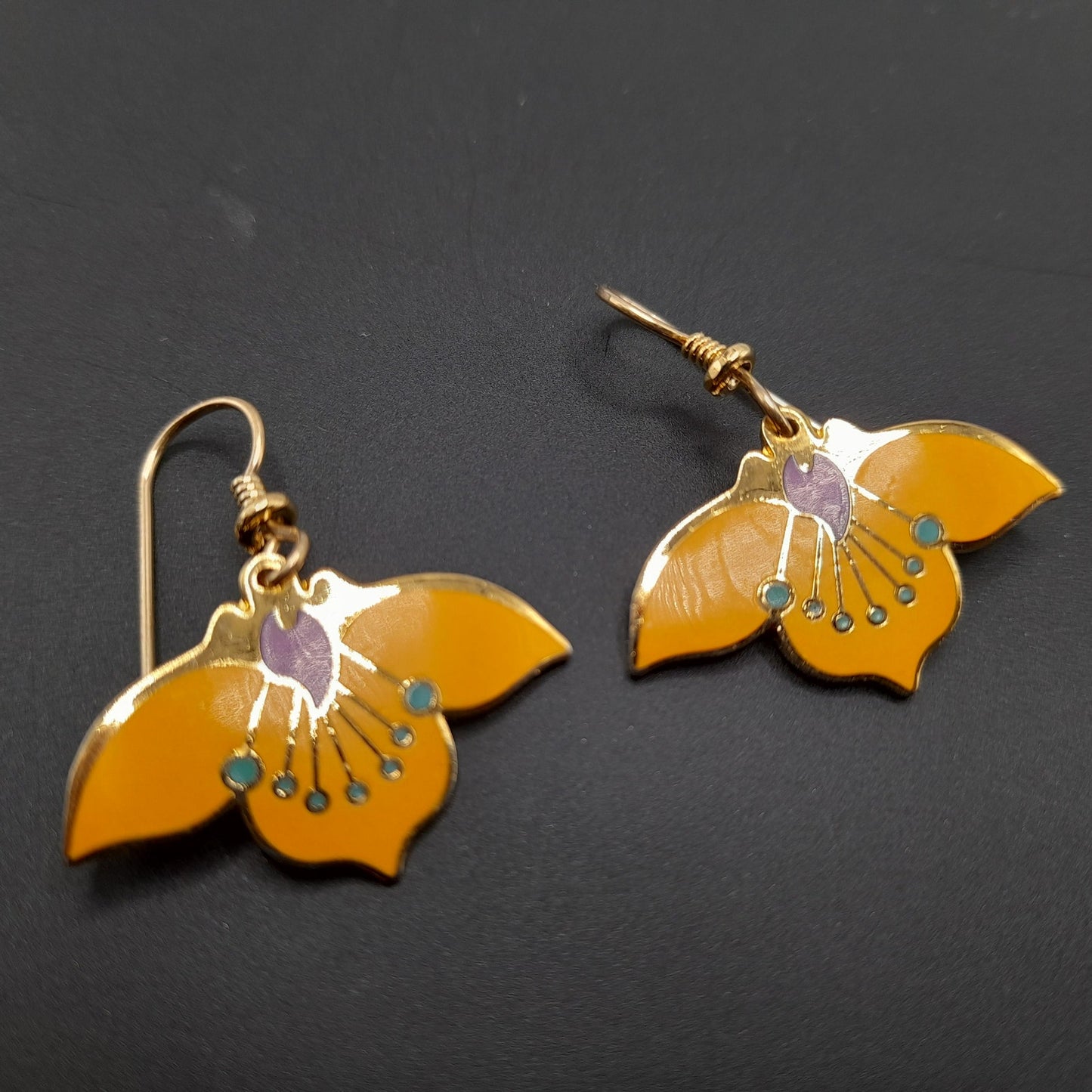 Laurel Burch "Desert Flower" Earrings, Golden Yellow Enamel, Gold Plated Cloisonne, 1980s Vintage Jewelry