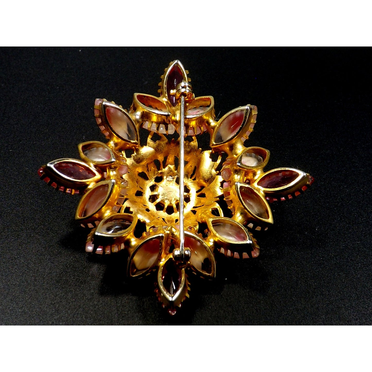 Pink Rhinestone Art Glass Domed Floral Brooch, Gold Plated Filigree, 1960s Vintage Jewelry