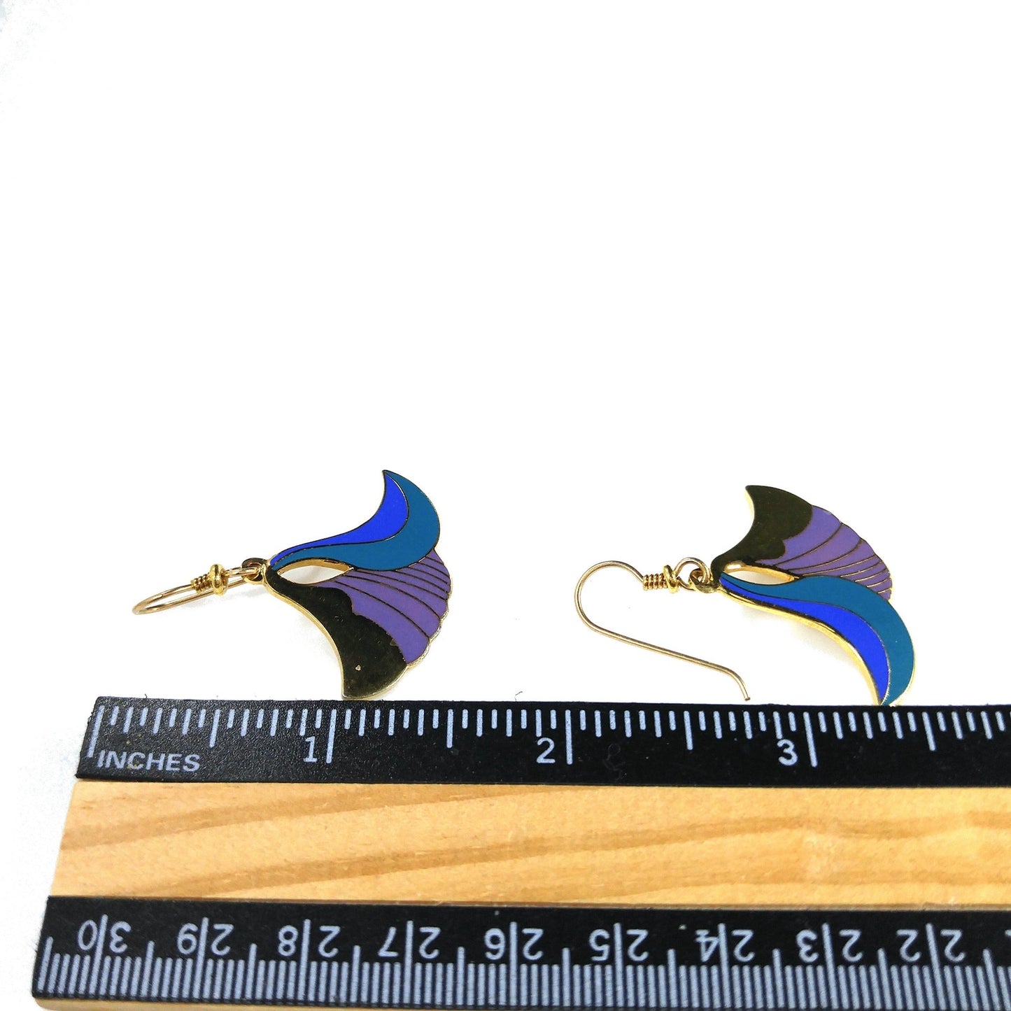 Laurel Burch "Egyptian Flower" Dangle Earrings, Gold Plated Cloisonne, Enamel Teal Purple, 1980s Vintage Jewelry
