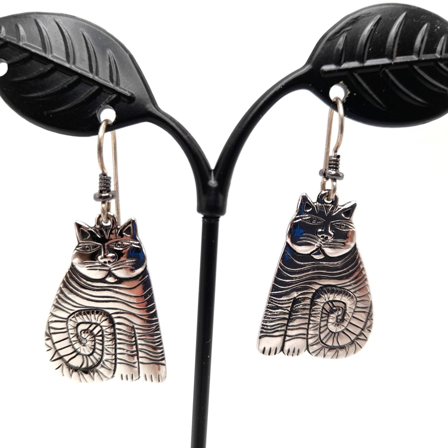 Laurel Burch Shambala Cat Earrings, Rhodium Plated, 1980s Vintage Jewelry