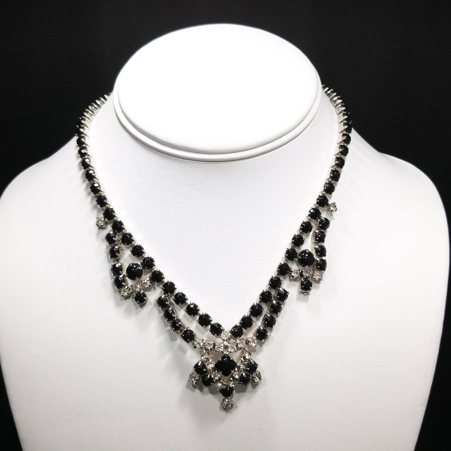 Vintage Black & Clear Rhinestone Festoon Necklace, Rhodium Plating, 1950s