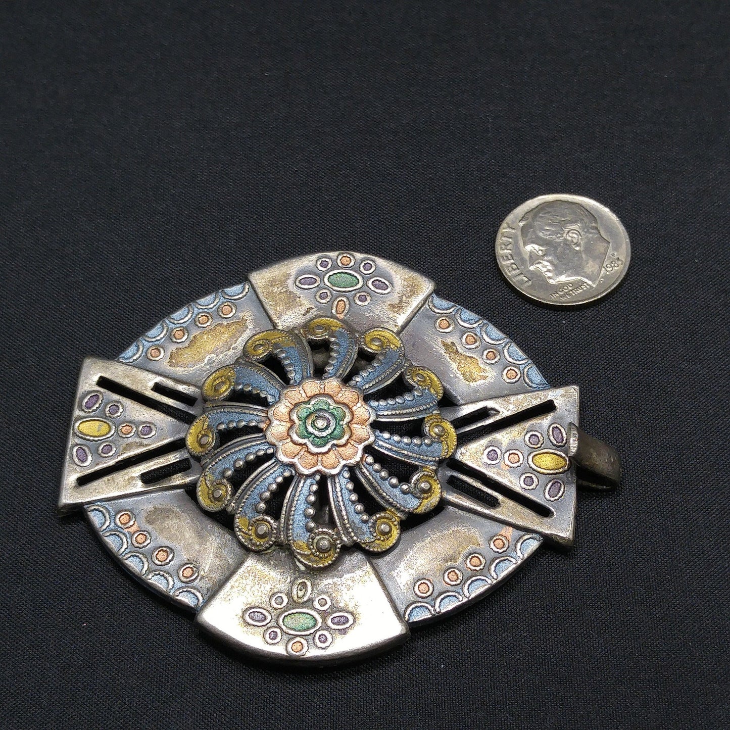 Vintage Enamel Ladies Belt Buckle, Enamel on Brass, 1930s Vintage Accessory