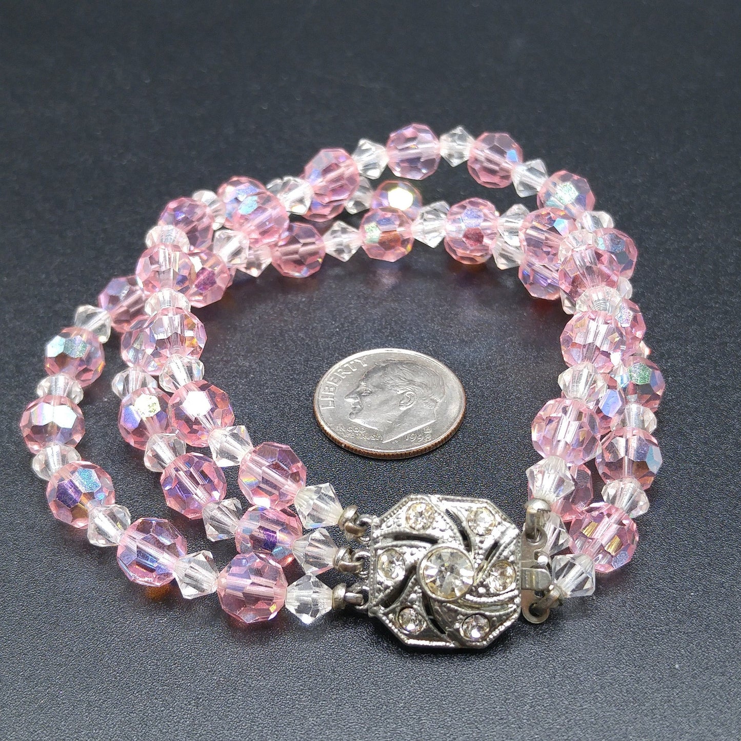 Pink Crystal Beaded Bracelet, Three Strands, Rhinestone Clasp, 1950s Vintage Jewelry