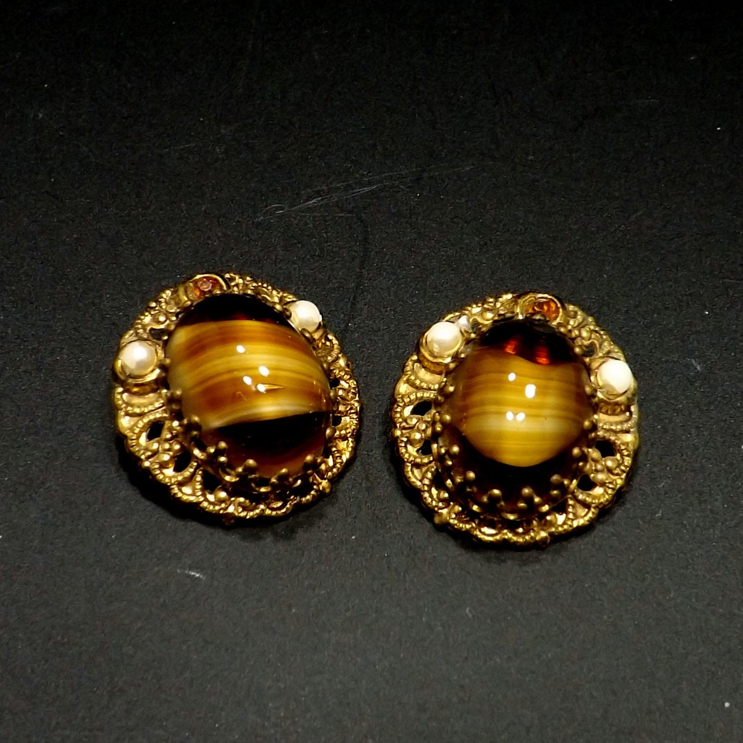 West Germany Art Glass Clip Earrings, Filigree Background, 1950s Vintage Jewelry