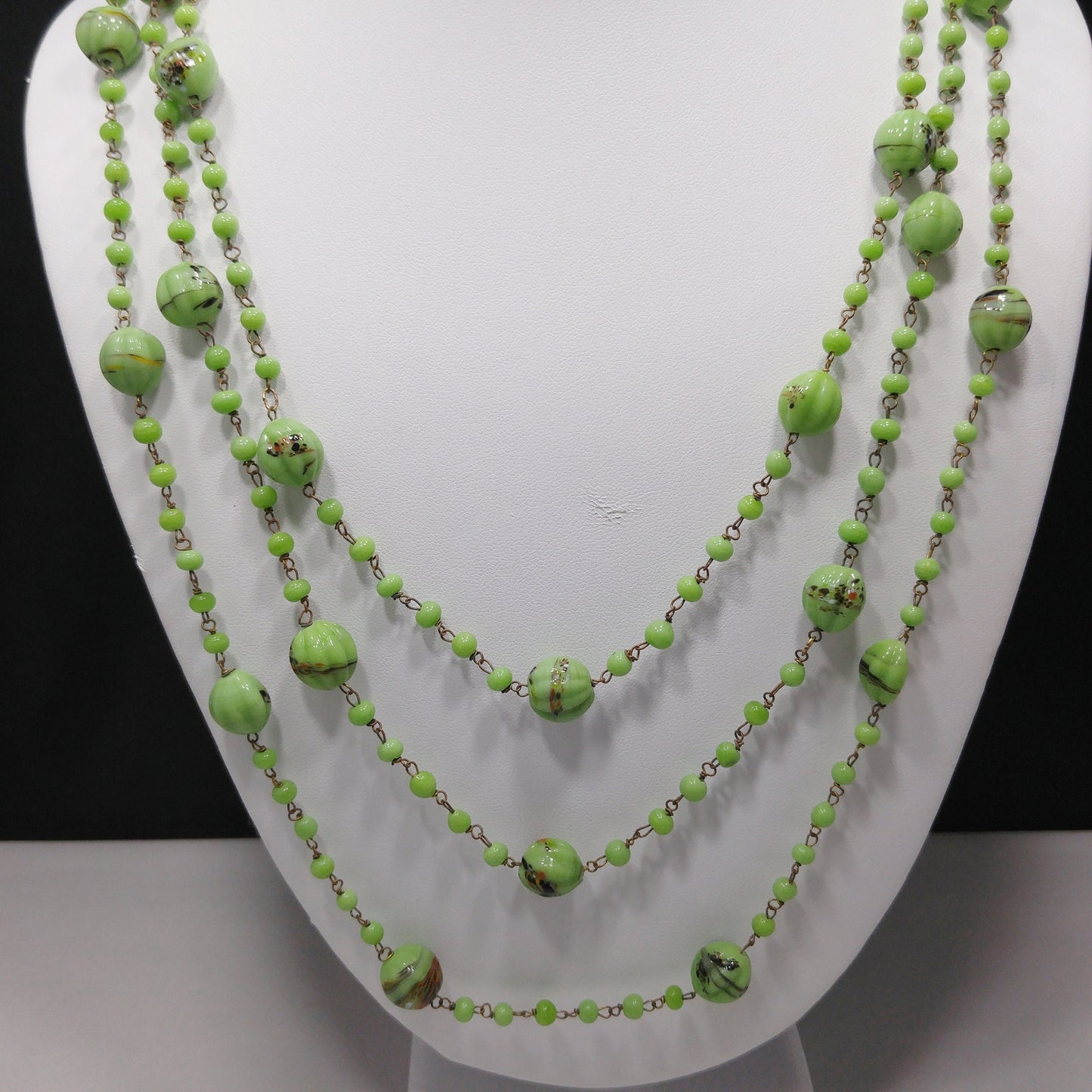 Art Deco 1920s Hand Painted Green Glass Bead Flapper Necklace 70" Wire Wrapped
