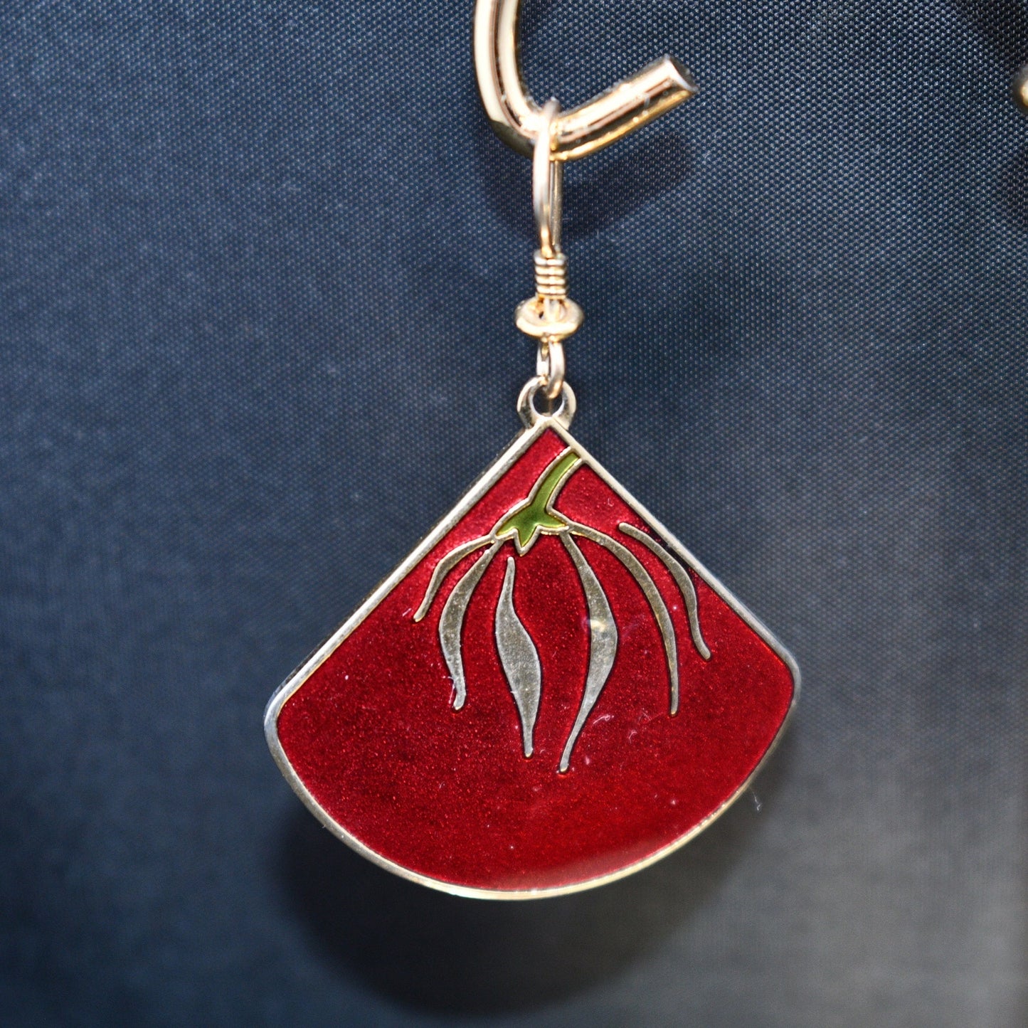 Laurel Burch "Willow Fan" Earrings, Gold Plated, Cloisonne Red Enamel, 1980s