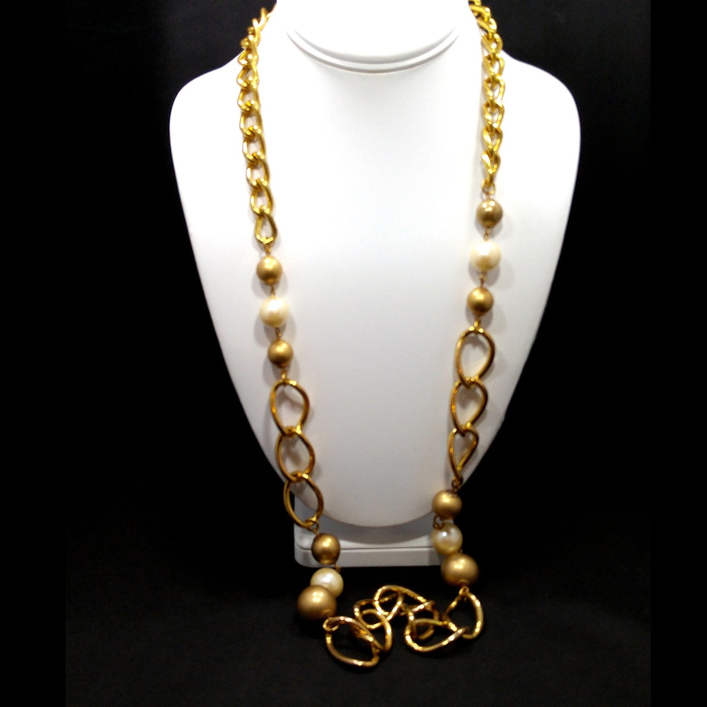 Miriam Haskell Long Faux Pearl Necklace, 36 Inches, Gold Plated, 1940s Vintage Jewelry