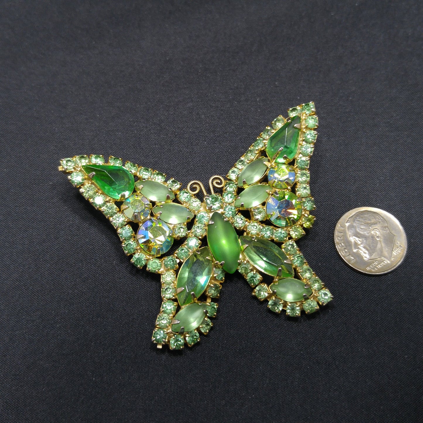 Vintage Weiss Peridot Green Rhinestone Butterfly Brooch, Uranium Glass, Gold Plated, 1950s
