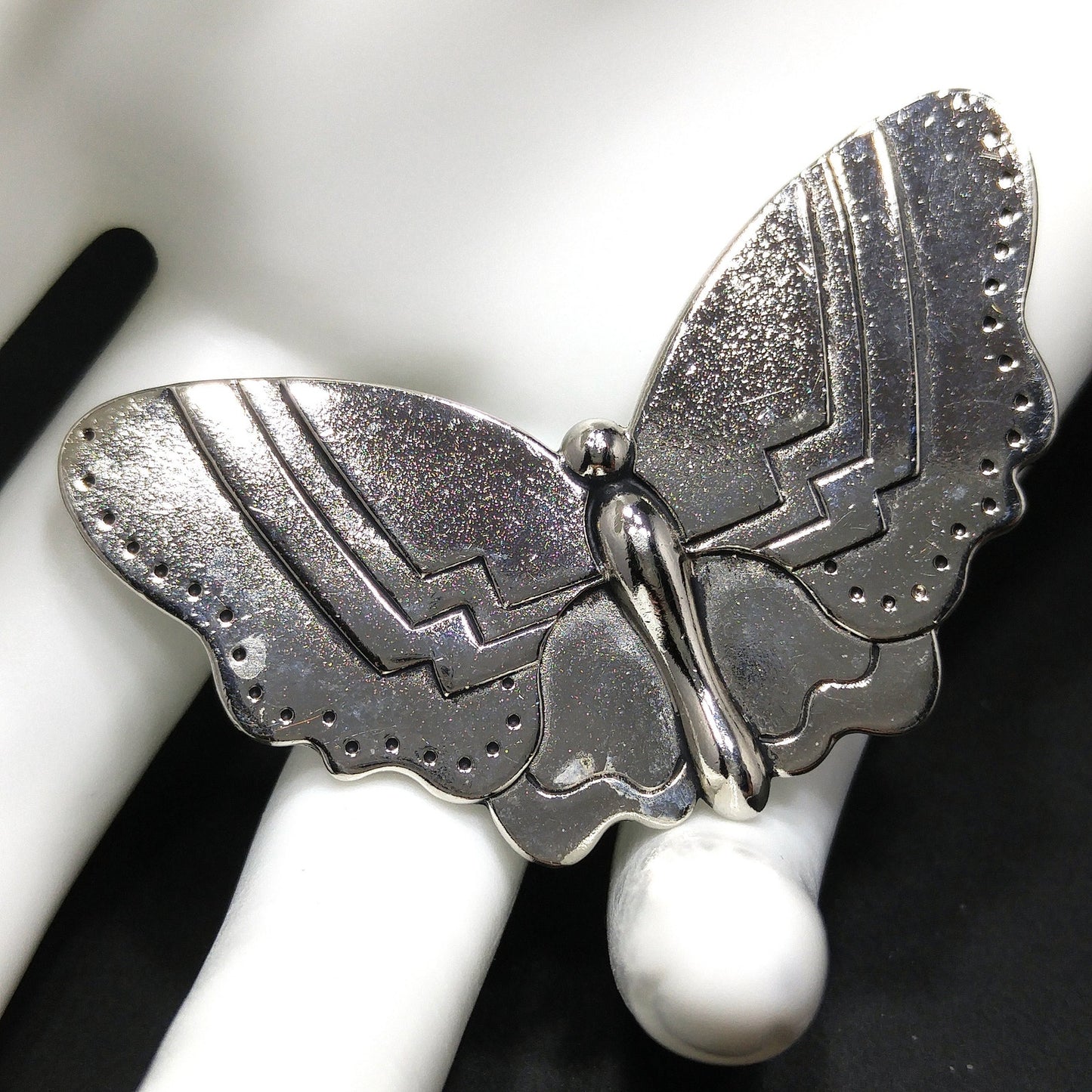 Laurel Burch Butterfly Brooch, Rhodium Plated, Black Enamel, 1980s Vintage Jewelry