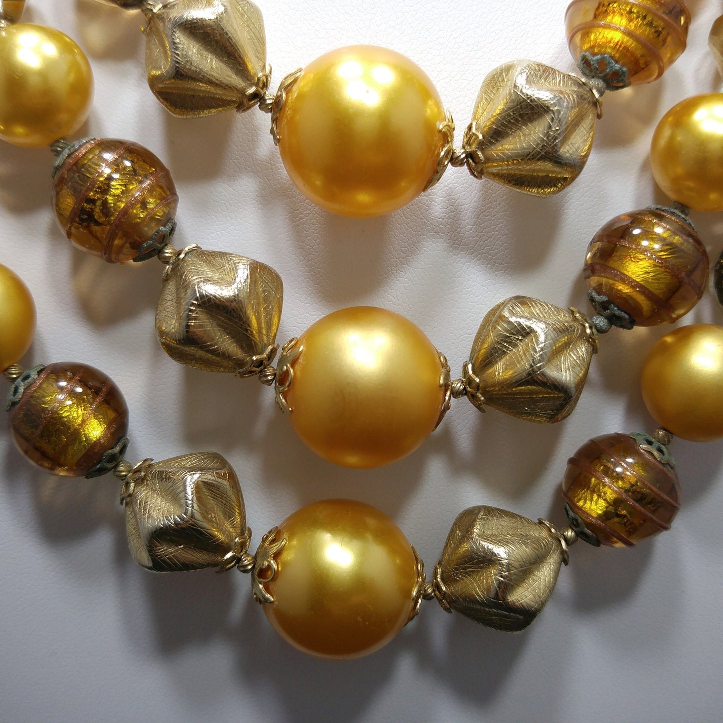 Vintage 1950s Gold Glass Bead Necklace, 3 Strand Mid-Century Statement Jewelry