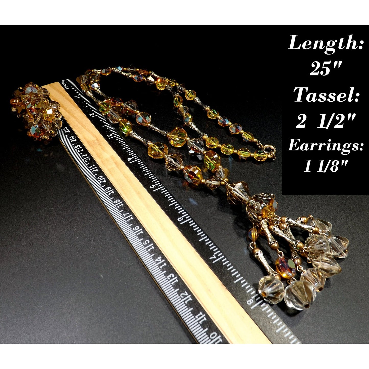 Topaz Crystal Aurora Borealis Gold Filigree Tassel Necklace Earrings, Swarovski Vintage Crystals, 1970s Vintage Jewelry