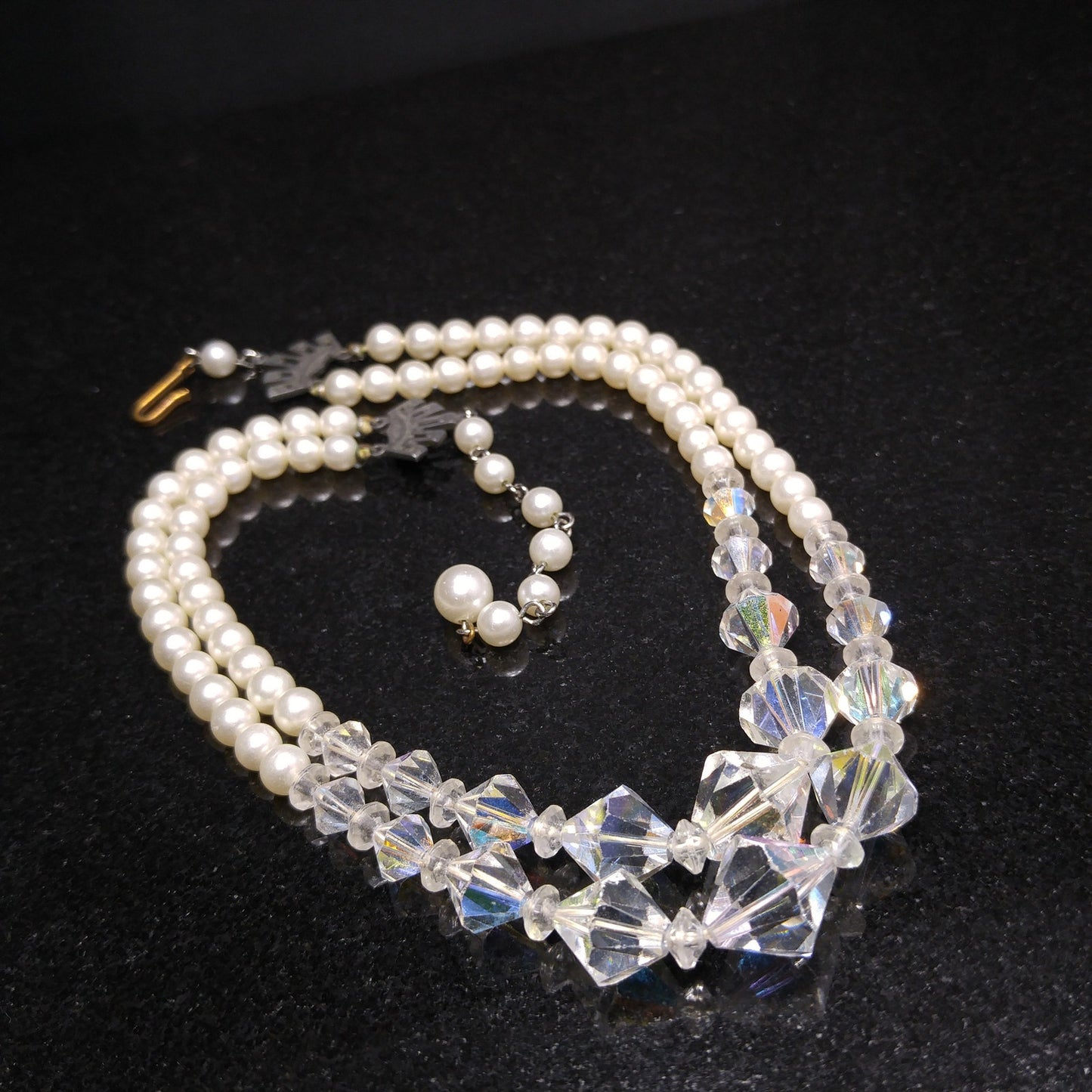 Wedding Bridal Faux Pearl AB Crystal Beaded Necklace, 2 Strands, 1950s Vintage