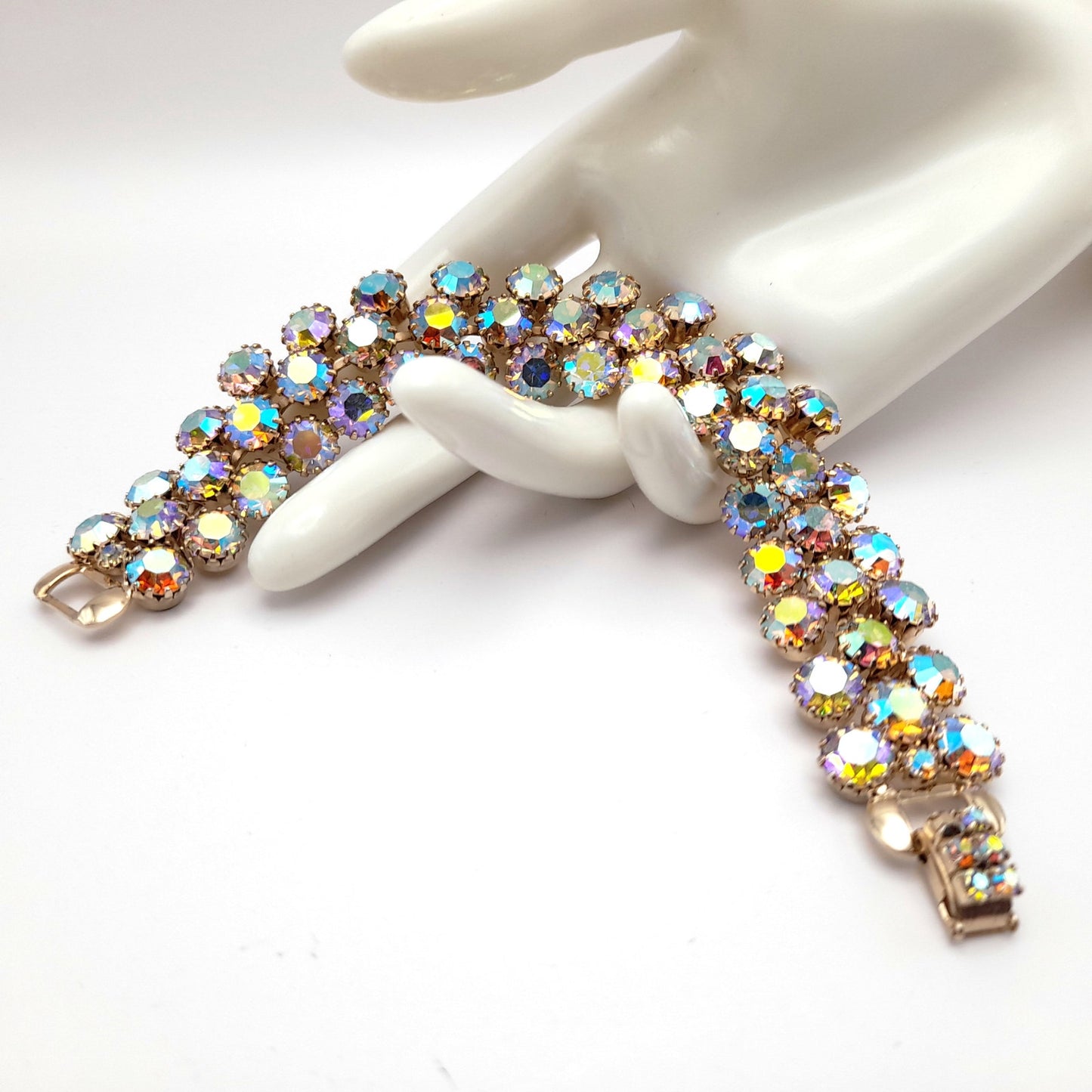 Vintage Weiss Aurora Borealis Rhinestone Bracelet Gold Plated