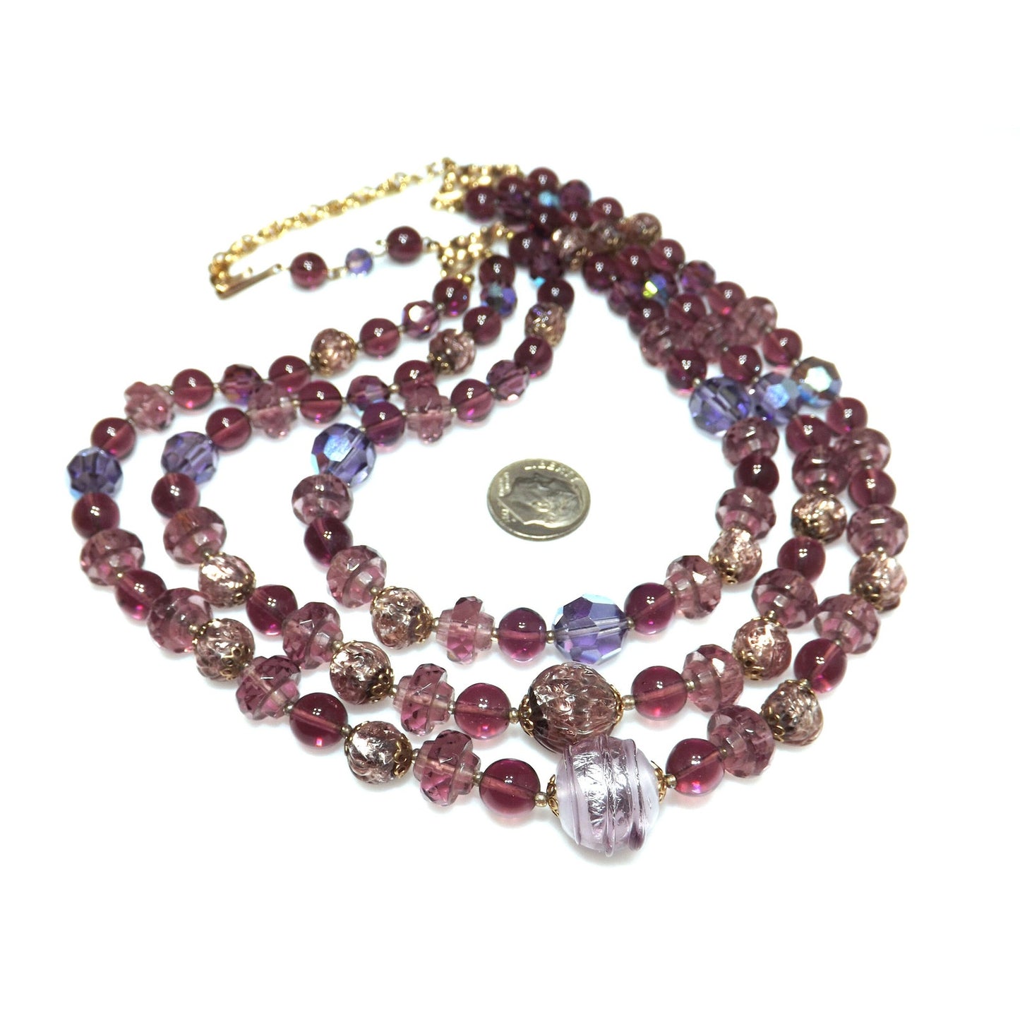 Art Glass Purple Gold Foil Beaded Necklace, Three Strands, 1960s Vintage Jewelry